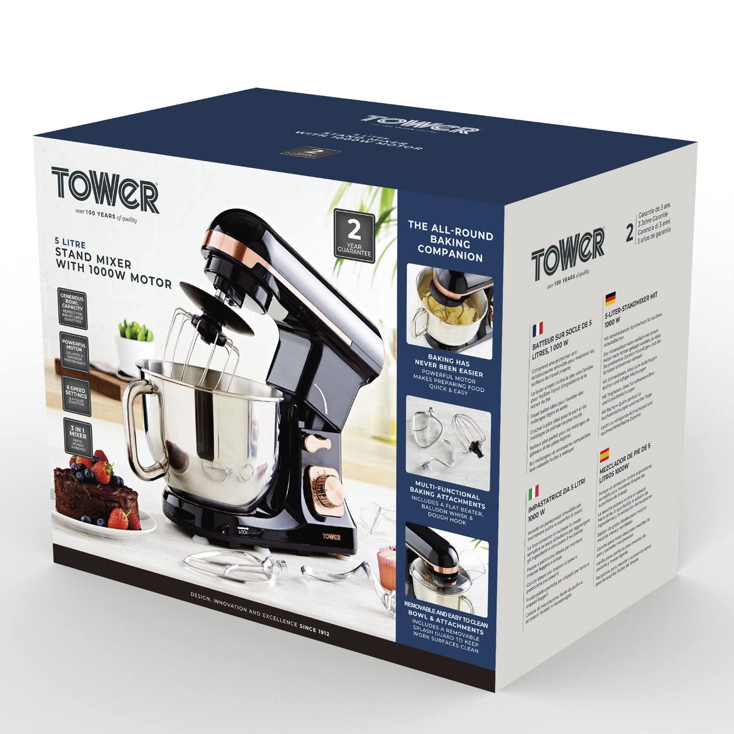Tower 3-in-1 Stand Mixer z 6 Prędkości oraz Pulse Setting, 1000W, Róża Złoto