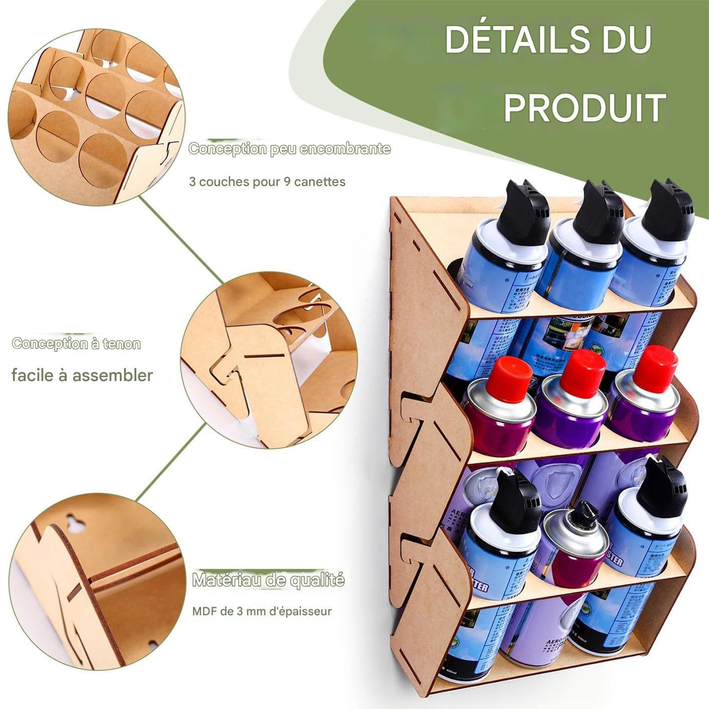 Porte-Bombe De Peinture,Organisateur de Bombes Aérosols Murale - Plateaux 3 Niveaux pour Ateliers Salons Studios Travail Artisanat Graffiti Peintres Intérieur