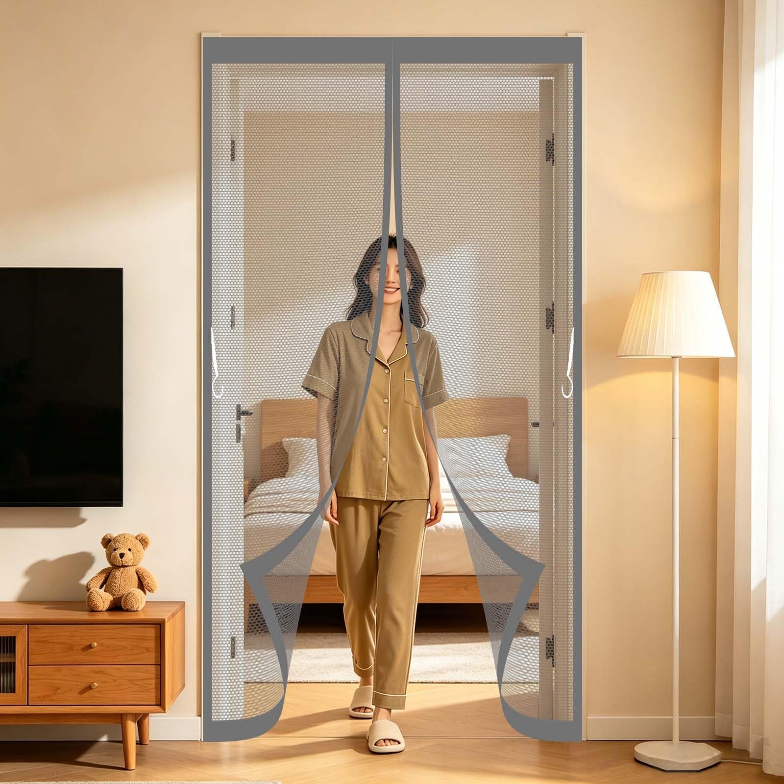 Fly Screen Door 132 x 186 cm Full Frame Magic Tape, Magnet Silent Closure, No Punching Back Door Fly Screen Curtain Magnetic Auto Close Insect Curtain for Front Back, Grey