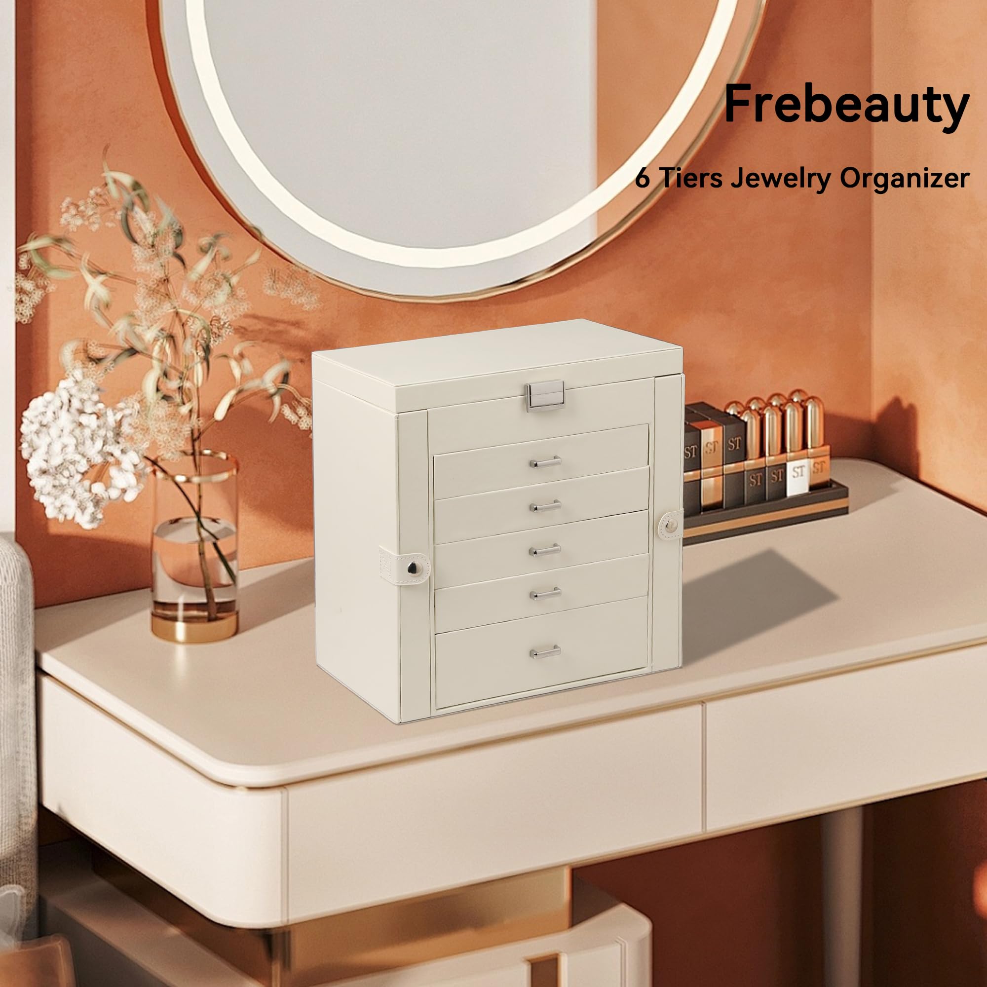 Frebeauty Duże pudełko na biżuterię, 6-poziomowy organizer na biżuterię ze skóry PU z zamkiem, wielofunkcyjne etui do przechowywania z lustrem, uchwyt na akcesoria z 5 szufladami na naszyjnik, | Duża szkatułka na biżuterię z 6 poziomami, skóra PU, wielofu
