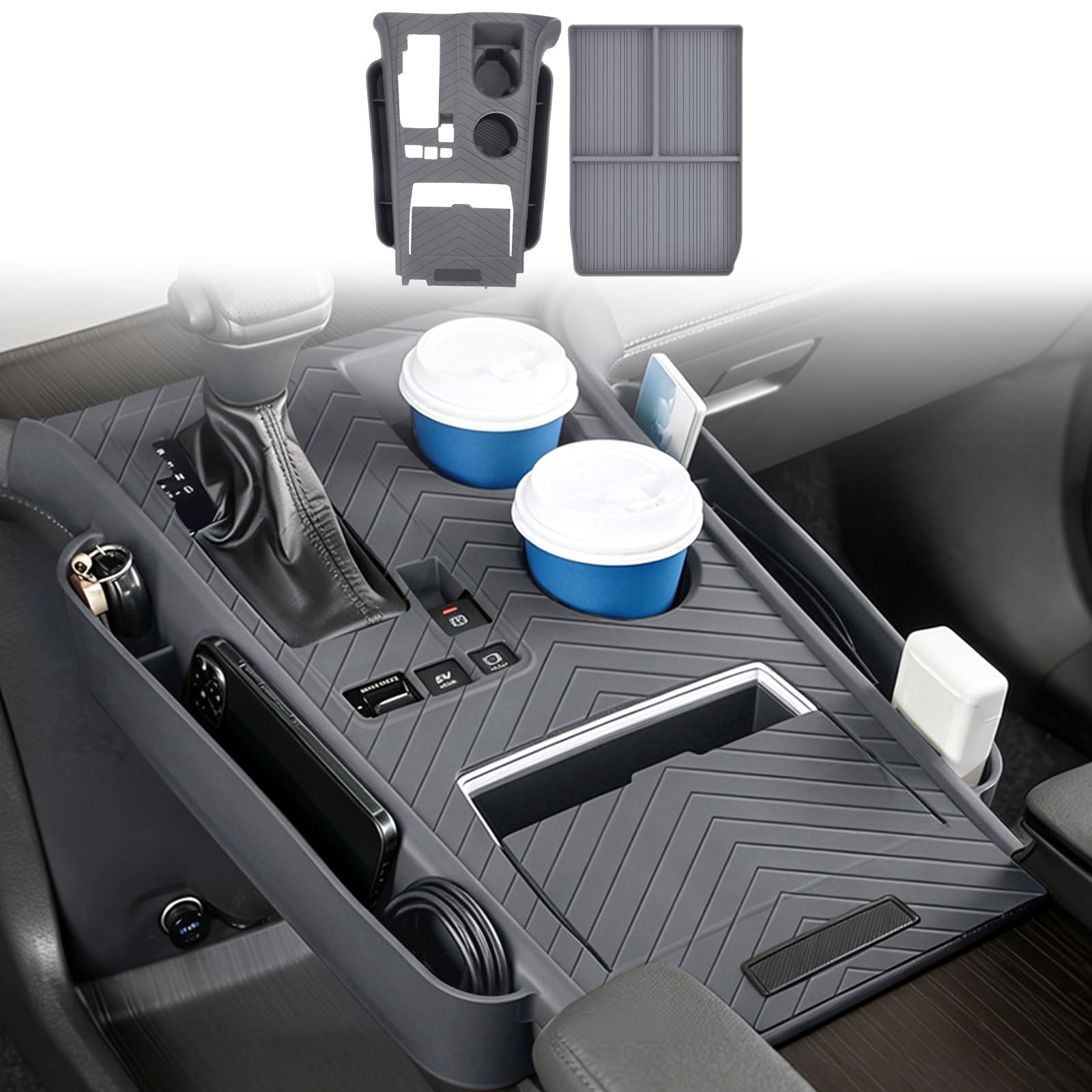 Photo 1 of Erivis 2PCS Central Control Pad for Toyota Sienna 2021-2024 2025 2026 Accessories, Silicone Protective Cover Gear Shift Panel Trim Cover & Armrest Cover Storage Box (Gray)