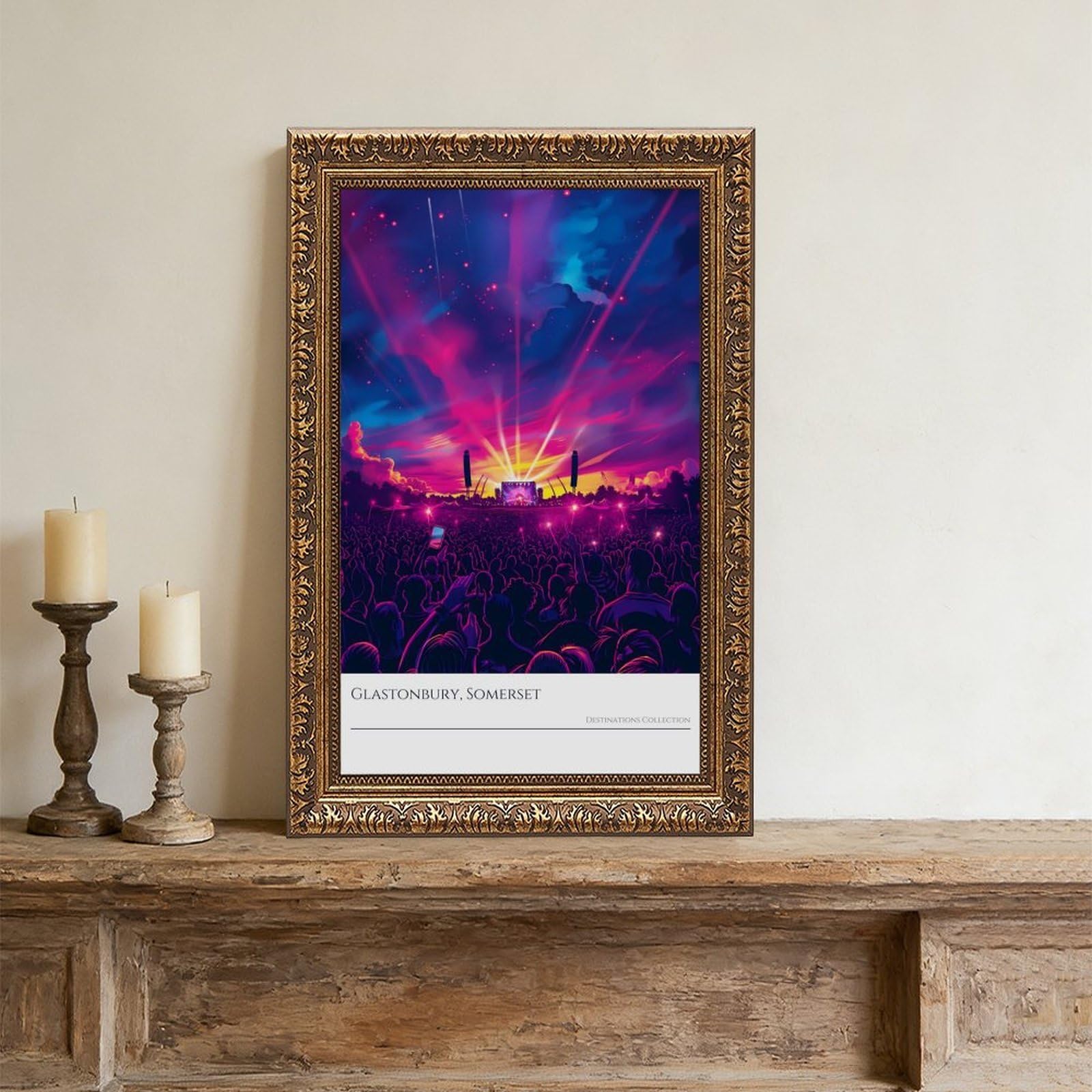 Poster di Glastonbury Festival viola Light Show Music Memorabilia Canvas Poster Wall Art Decor Stampa Dipinti per Soggiorno Camera da Letto Decorazione Retro Cornice Dorata 40,6 cm L x 61 cm W