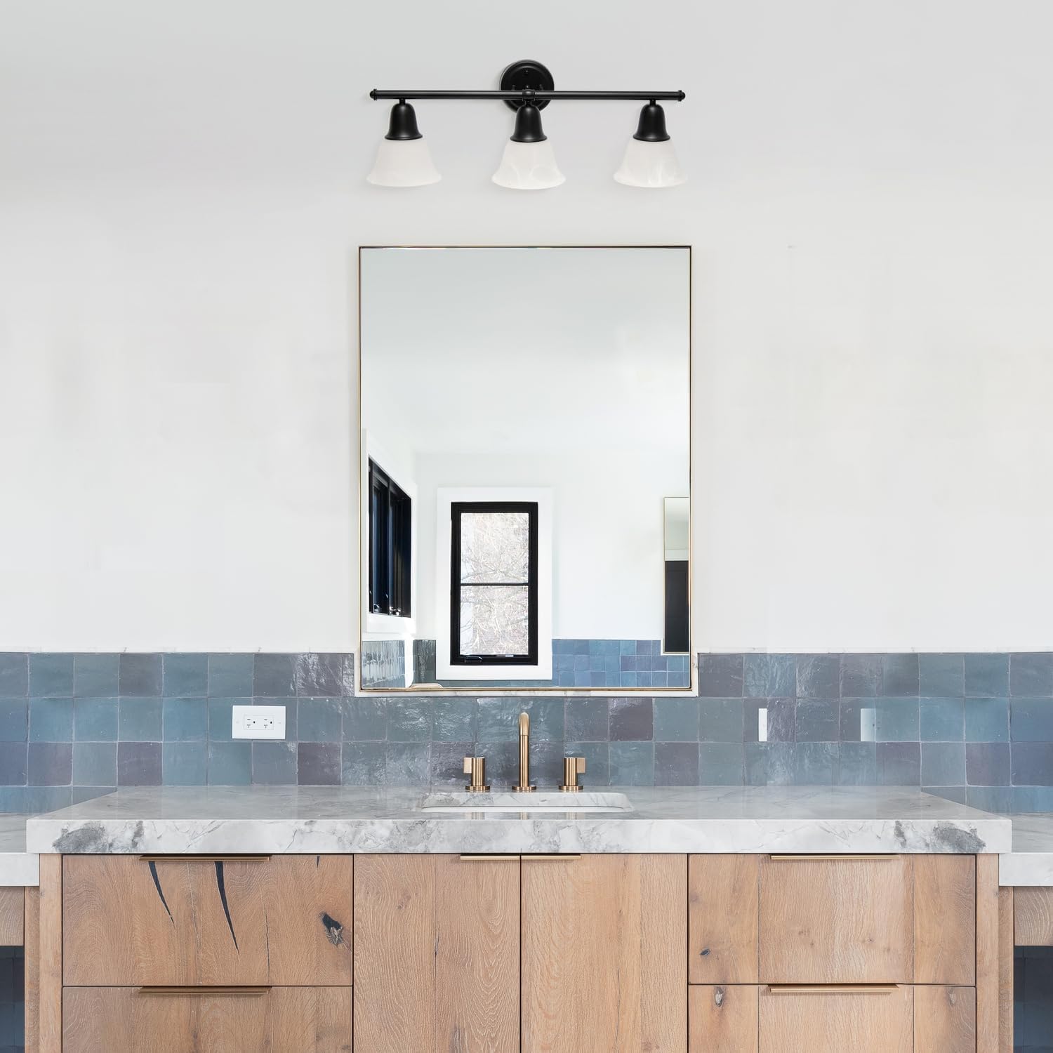 Simple Designs VT1027-BLK 26.5" Classic 3 Light Straight Metal Bar and Frosted Marble White Bell Shape Glass Shades Decorative Wall Mounted Vanity Fixture for Bathroom, Entryway, Hallway, Black