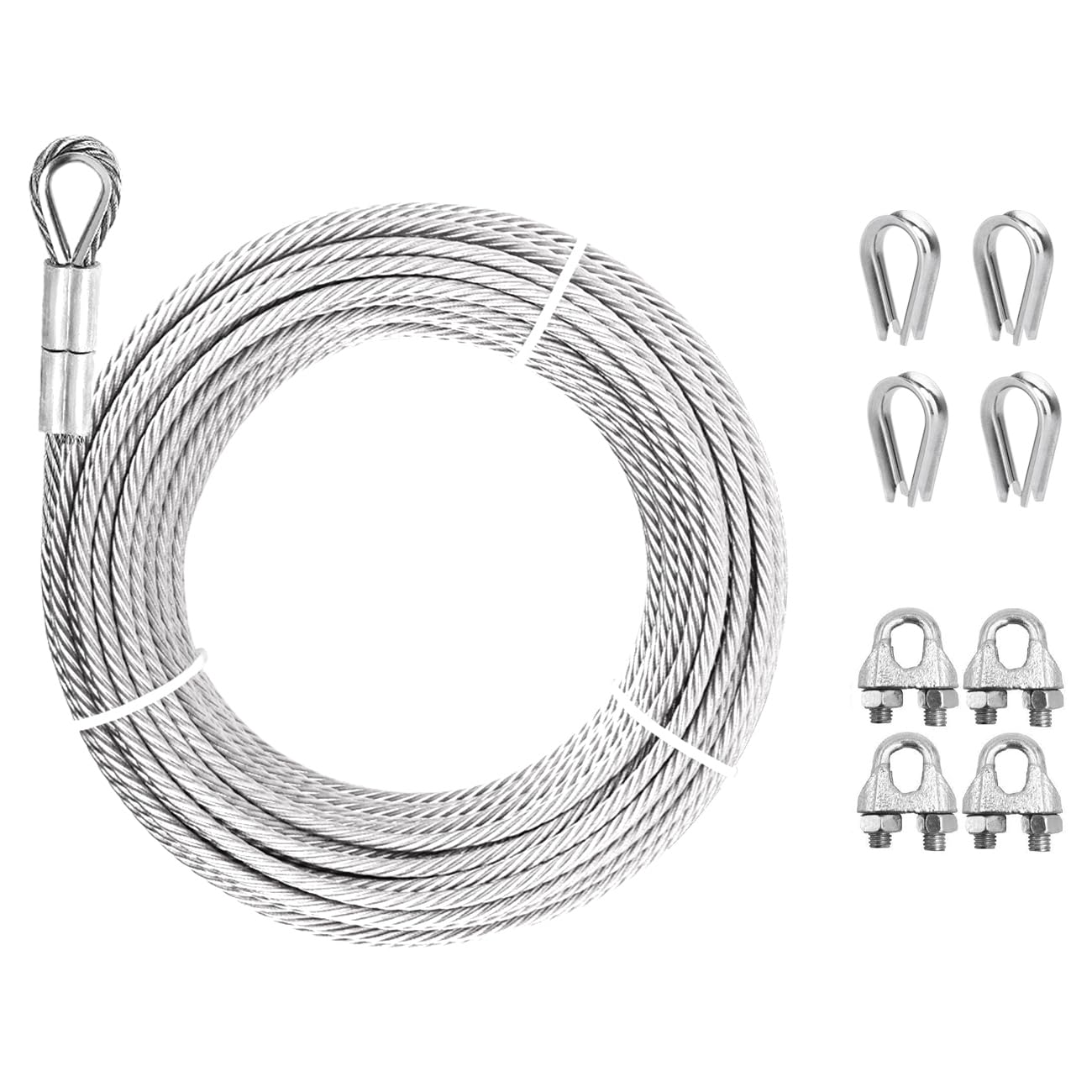 1/4" Steel Cable, Sunuwk 50Ft 7x19 Strand Aircraft Cable with Loops, 6400 Lbs Breaking Strength Heavy Duty Wire Rope with Clamps and Thimbles, for