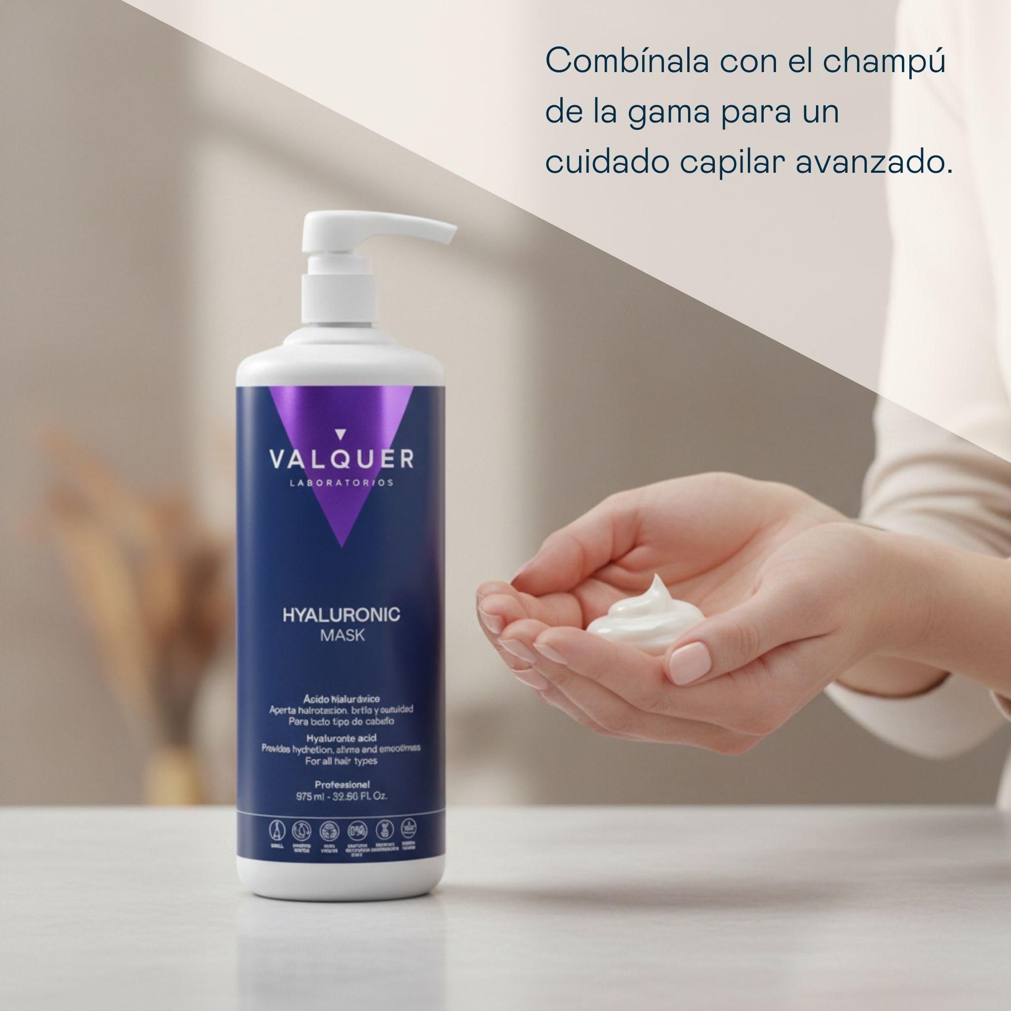 VALQUER Mascarilla Ácido Hialurónico Zero | Hidrata, Repara y Revitaliza el Cabello Dañado y Seco | Con Pantenol, Keratina y Aloe Vera | Vegano | 975 ml