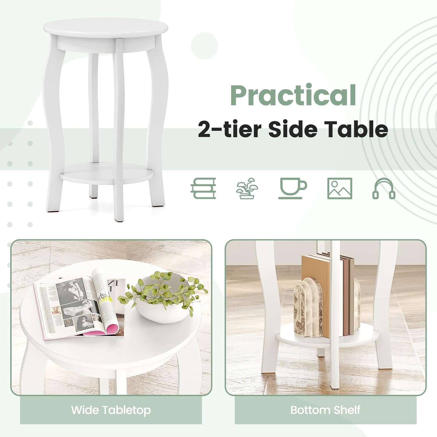Giantex Round End Table, Wooden Side Table with Storage Shelf, Small Nightstand with Solid Wood Legs, 2-Tier Accent Table for Living Room Bedroom, White