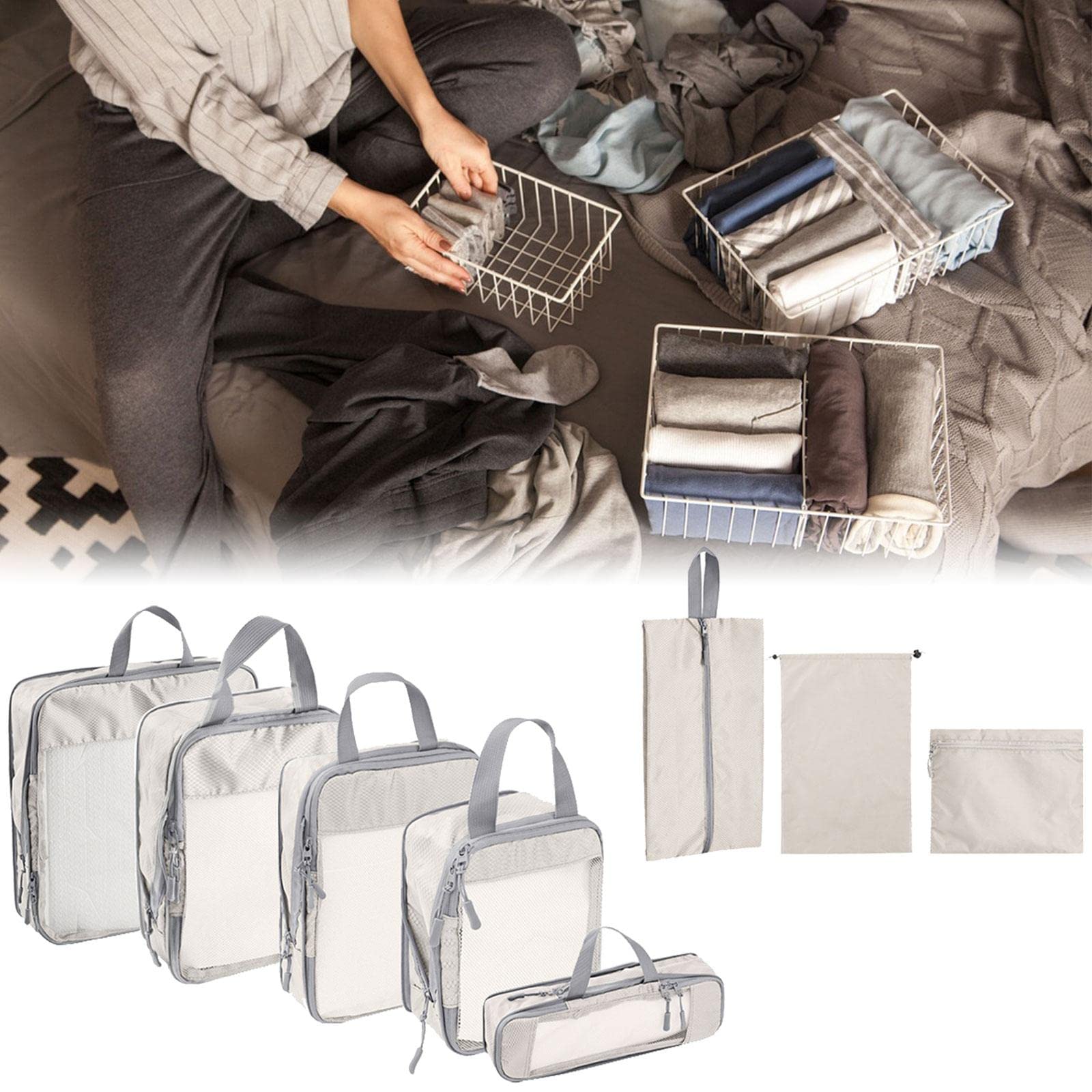 8 Tragbare Packwürfel Aus Polyester, Gepäckbeutel Aus Netzgewebe, Reisegepäck Organizer, Wäschebeutel für Geschäftsreisen, Outdoor Camping, Beige