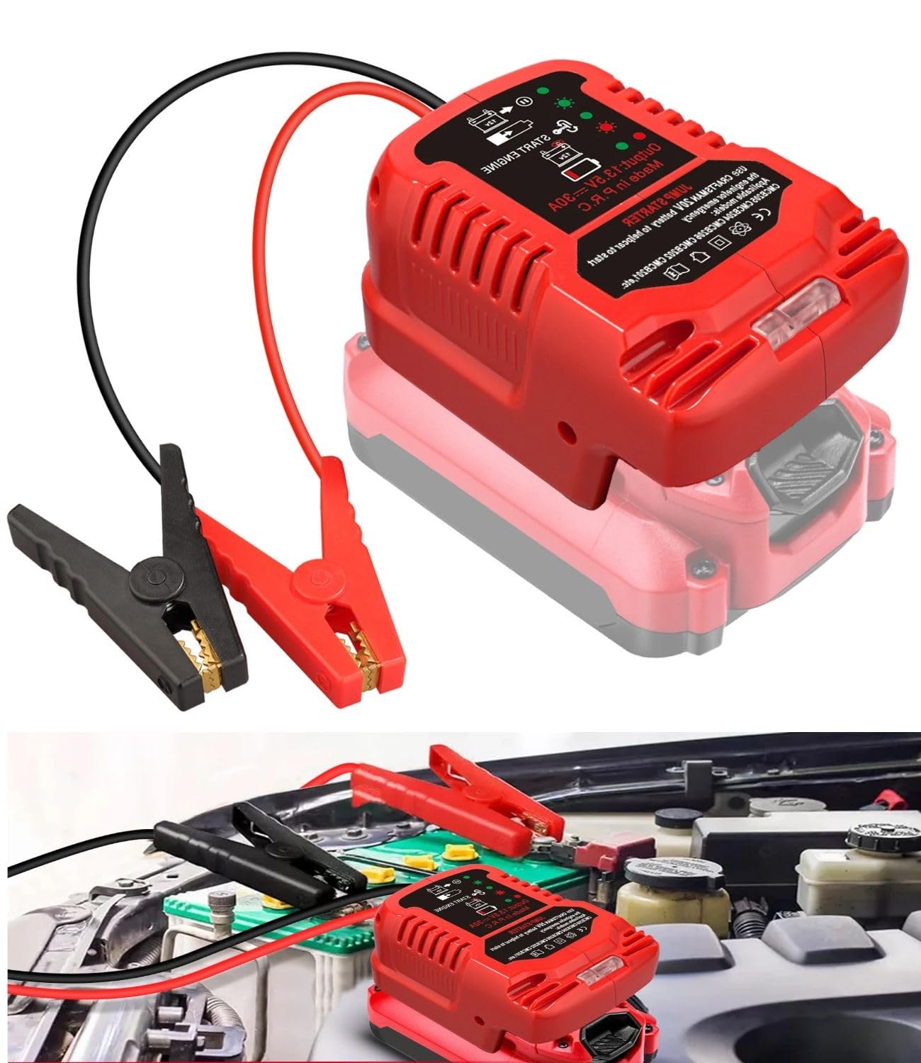 Adaptador de arranque de coche para batería Craftsman de 20 V, motores de gasolina de hasta 3.5 L o diésel de 6.5 L, batería portátil de arranque de coche de 12 V, cables de arranque de batería para