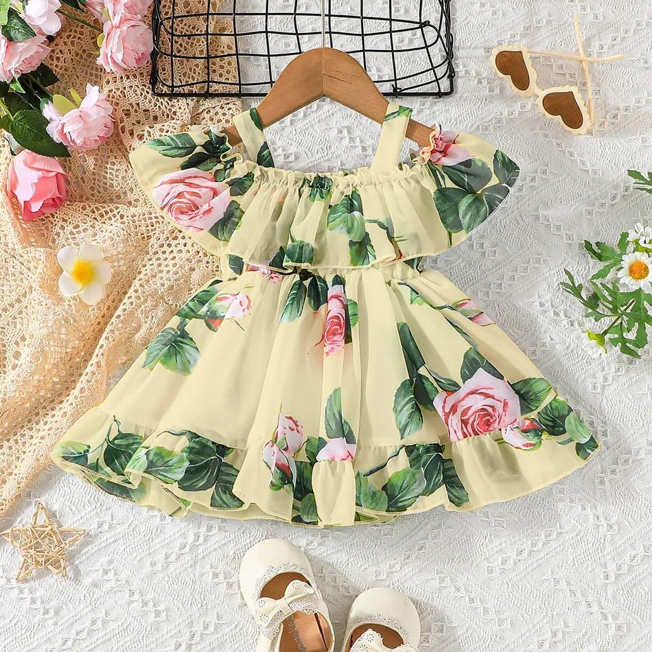 Image of Buy & Try Girls Summer Lightweight Georgette Floral Printed Frock Dress, Sleeveless Princess for Baby Girls, Stylish Fancy Kids Party & Casual Outfit