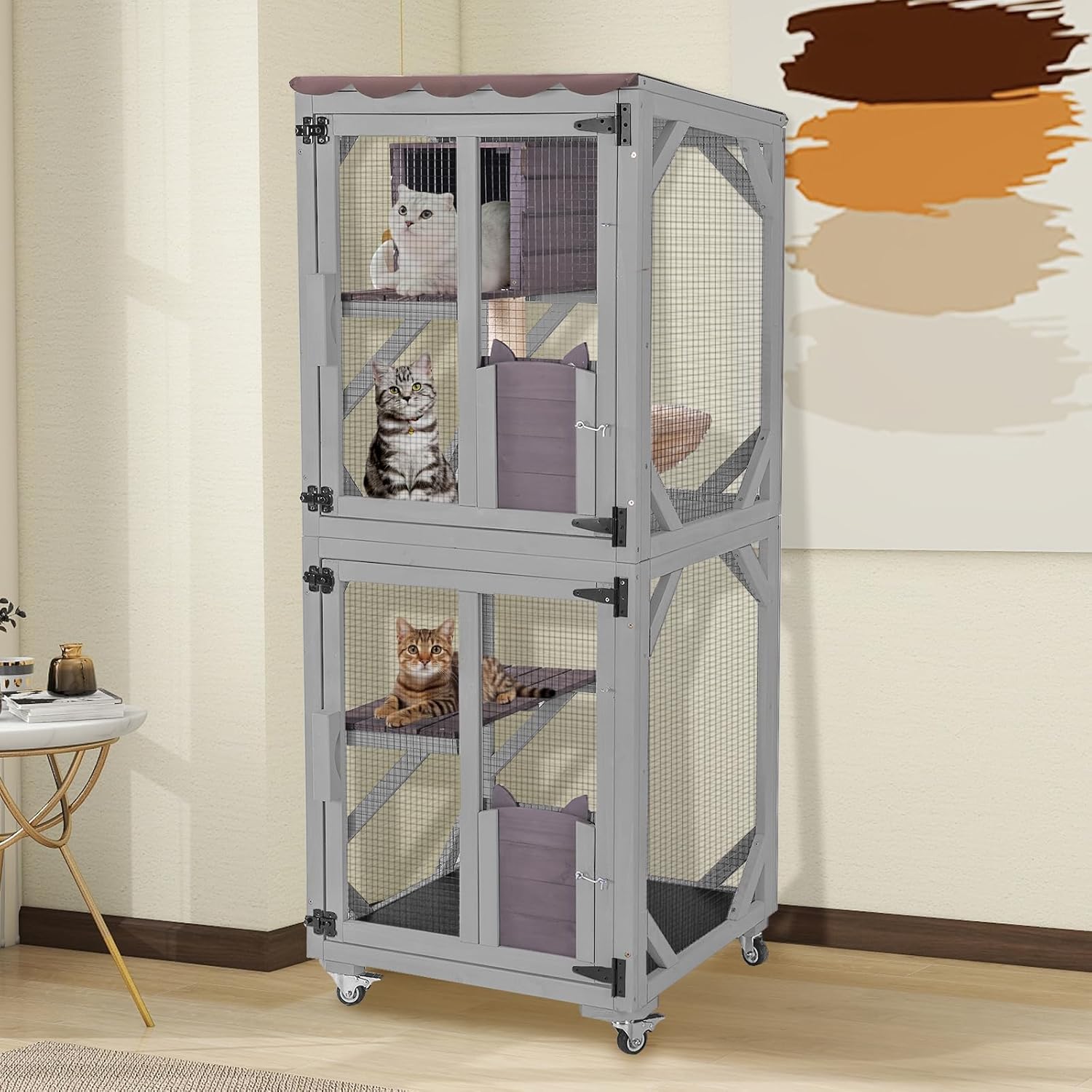 Gutinneen Catio Outdoor Cat Enclosure - 62.5" Large Walk in Cat Cage on Wheels, Multi-Level Kitty House with Cat Scratching Post, PVC Layer, and Waterproof Roof