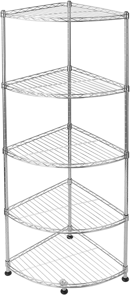 5 Tier Corner Shelf Unit, Adjustable Storage Shelf, Bathroom Corner Shelf, Steel Wire Shelf