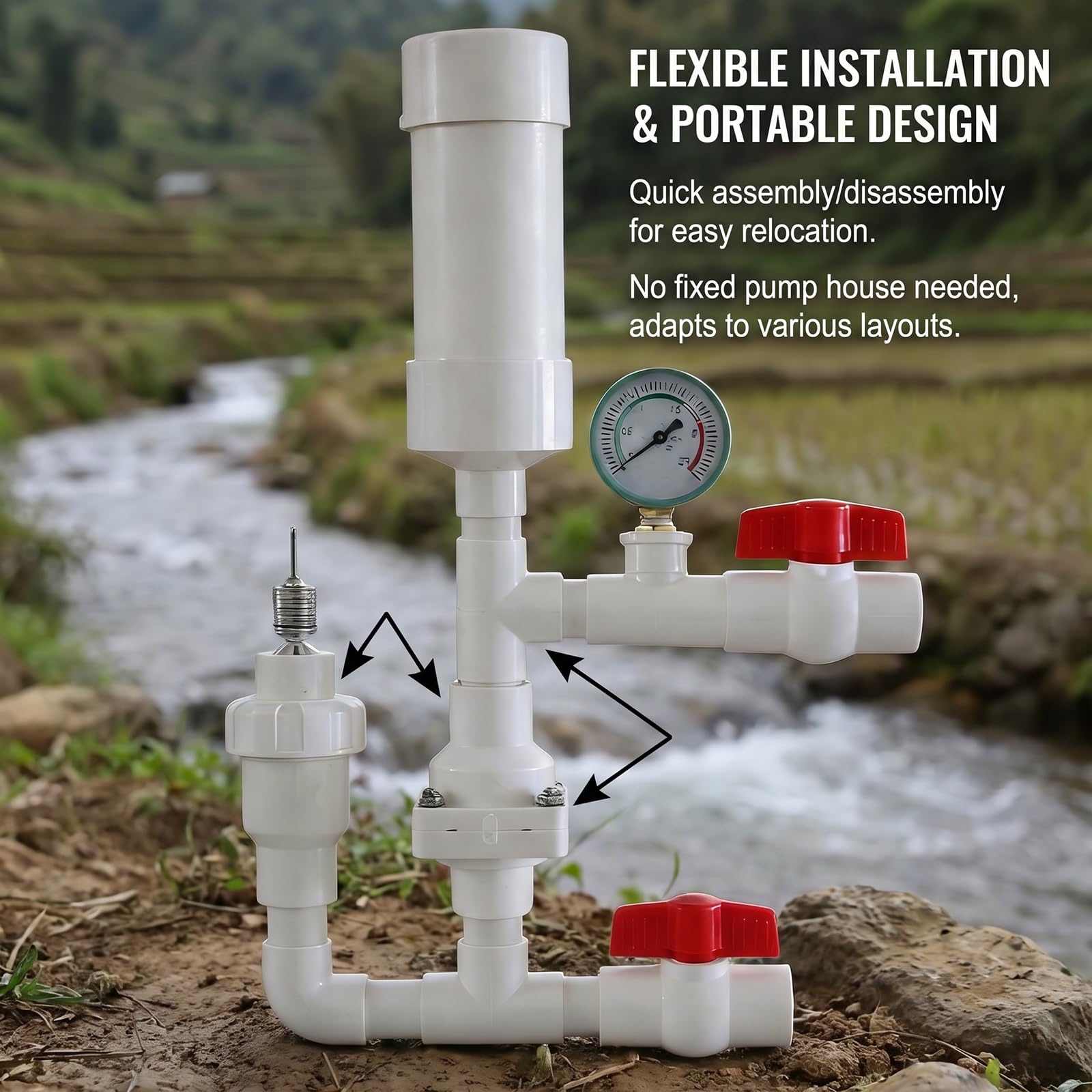 Hydraulische Rammwasserpumpe, netzunabhängige wasserbetriebene Pumpe für die Bergbewässerung, kein Strom oder Kraftstoff erforderlich, auto Hammerpumpen mit hohem Hub(Inlet 1'' Outlet 3/4'')