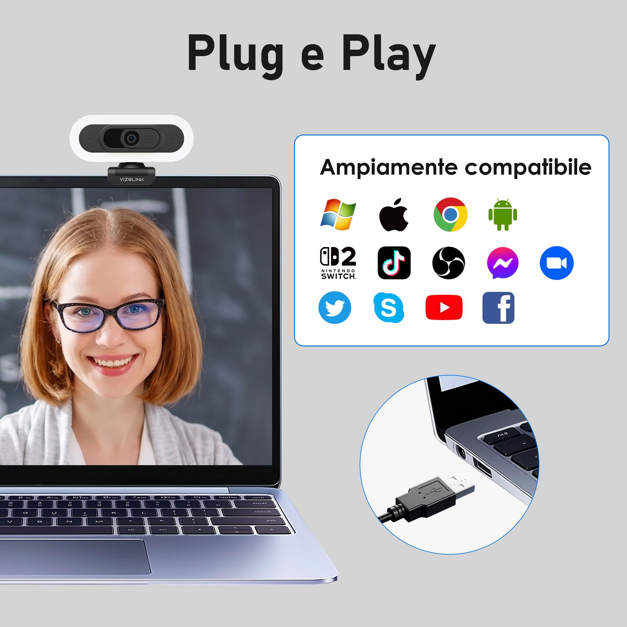 W8LS Webcam 4K 30FPS con luce LED, microfono con cancellazione del rumore, autofocus, correzione della scarsa illuminazione, FOV 78°, copertura privacy e treppiede, plug play per Windows, Mac