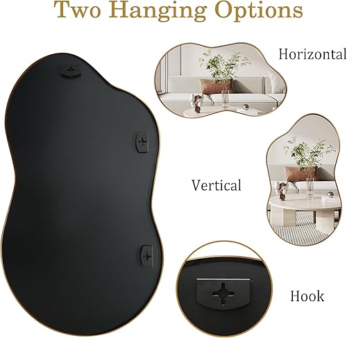 Miniatura 6 de Espejo de pared pequeño  Espejo de pared irregular de 20 x 36 pulgadas, espejo asimétrico dorado con marco de aleación de aluminio de aviación para