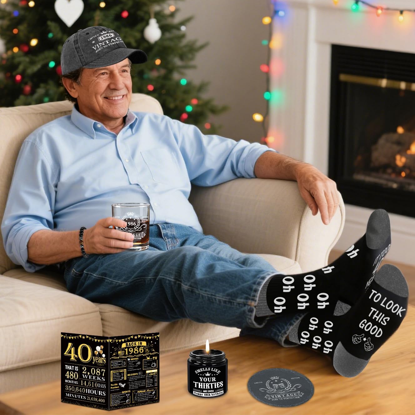 40th Birthday Gifts for Men, Unique Gift Ideas for 40th Birthday Men Who Have Everything, 1986 40 Year Old Birthday Gift Baskets for Man Whiskey Glass Baseball Cap Socks Toilet Paper - Image 8
