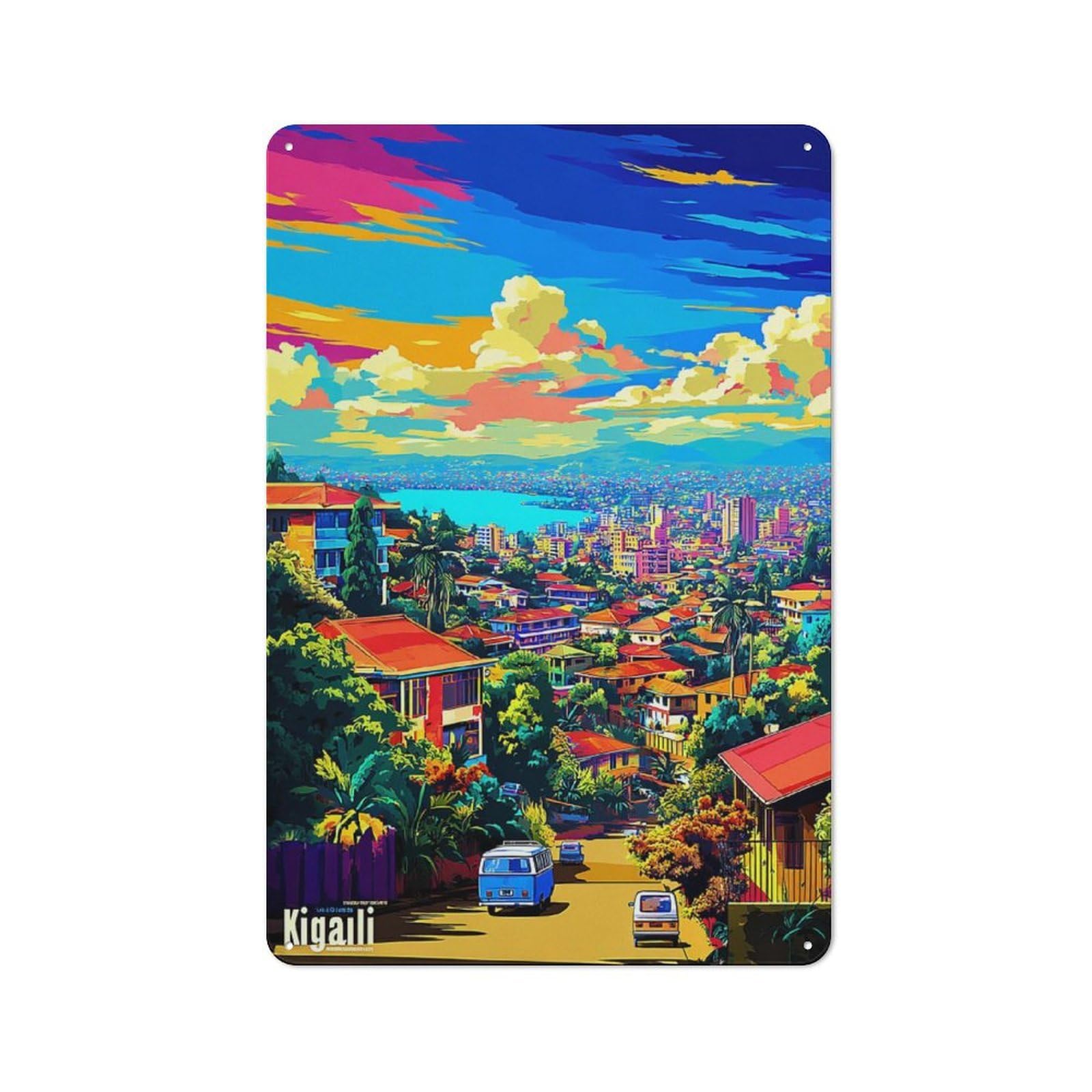 Junmoney Colorful Kigali Cityscape Retro Metal Wall Sign 30X20cm For Hobby Room Or Studio, For Garage, Workshop And Man Cave Decoration