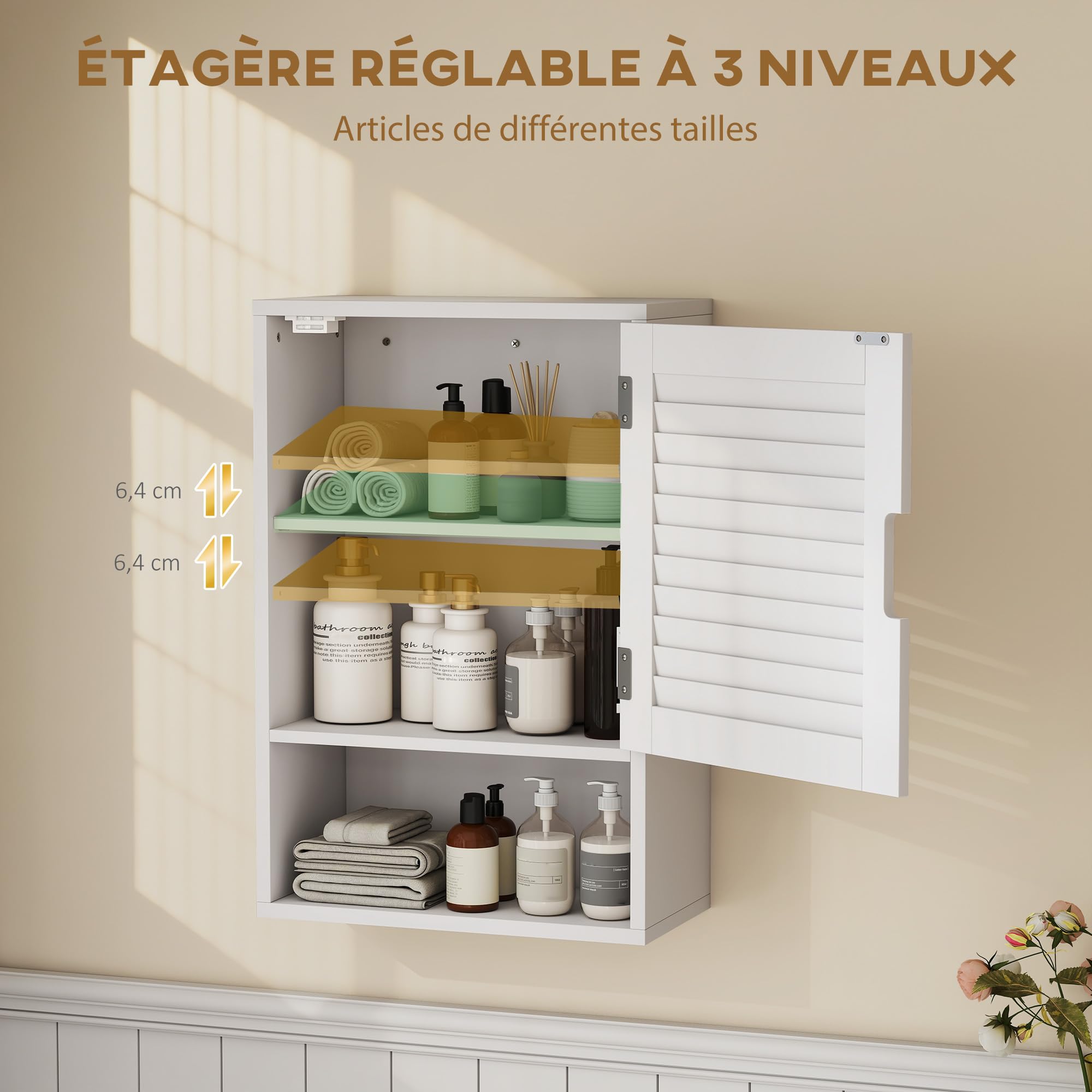 HOMCOM Armoire Murale de Salle de Bain, Meuble de Rangement Suspendu pour Salle de Bains avec Porte à Lattes, étagère réglable et Compartiment Ouvert, Meuble WC Suspendu, 40x20x60cm, Blanc