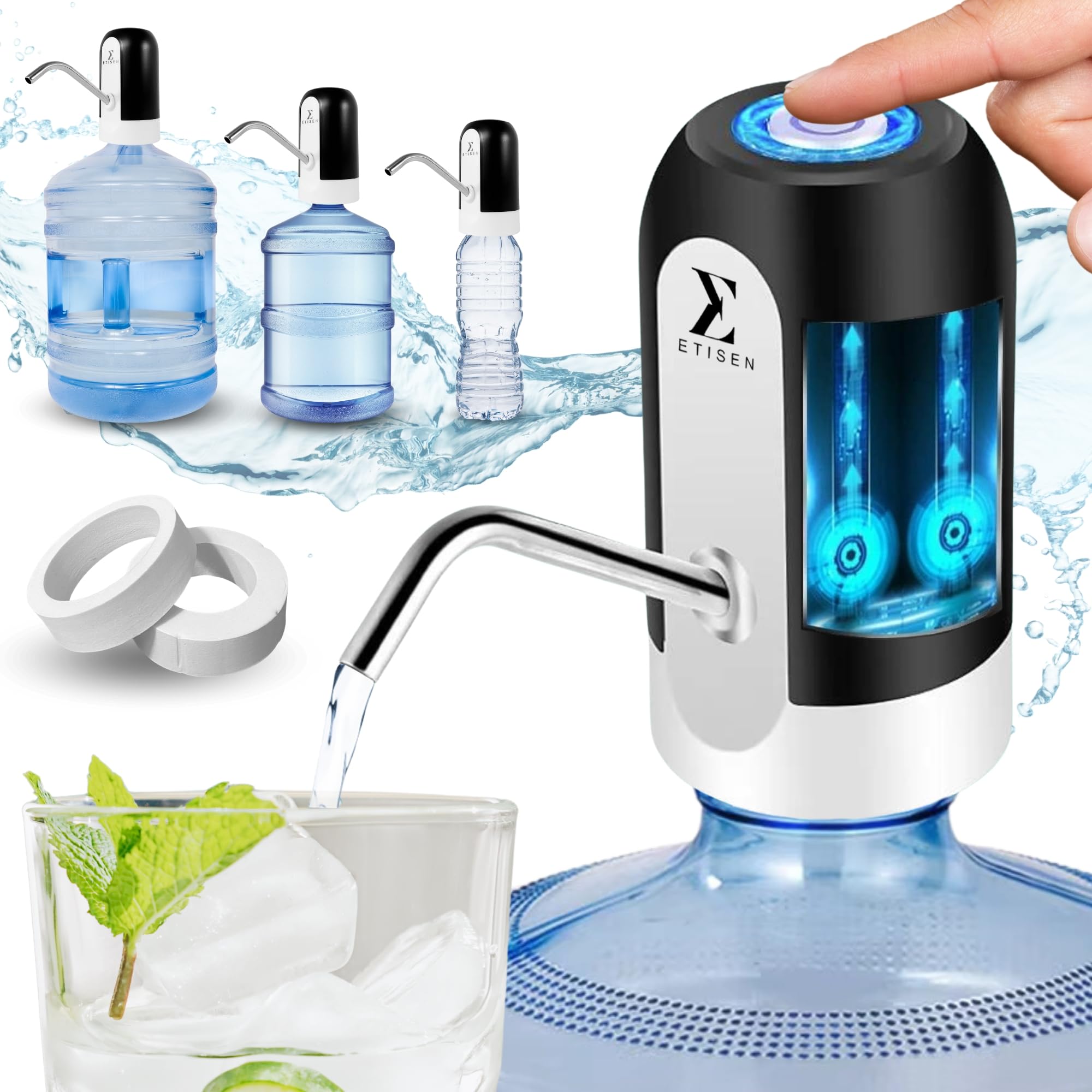 Dispenser di acqua, rubinetto elettrico per caraffe ad acqua fredda, pompa dosatrice con due adattatori. 5,7L, 10L, 11,3L, 15L, 18,9L.