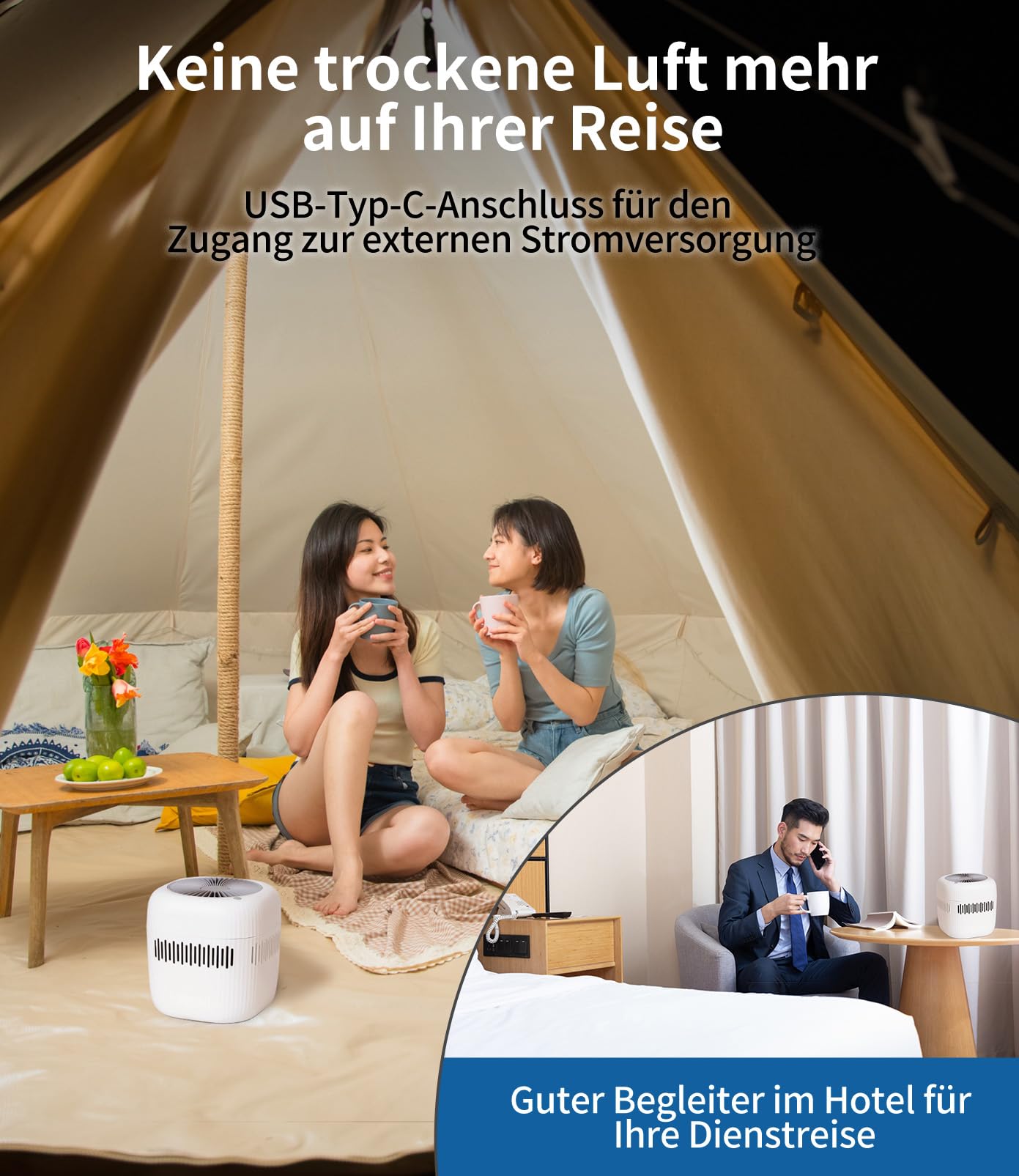 Mini Klein Luftbefeuchter 2.5Litre，Verdunster Air Humidifier Bedroom Büro Hotel USB Schlafzimmer ohne Nebel, Klein Kinderzimmer Baby Akku