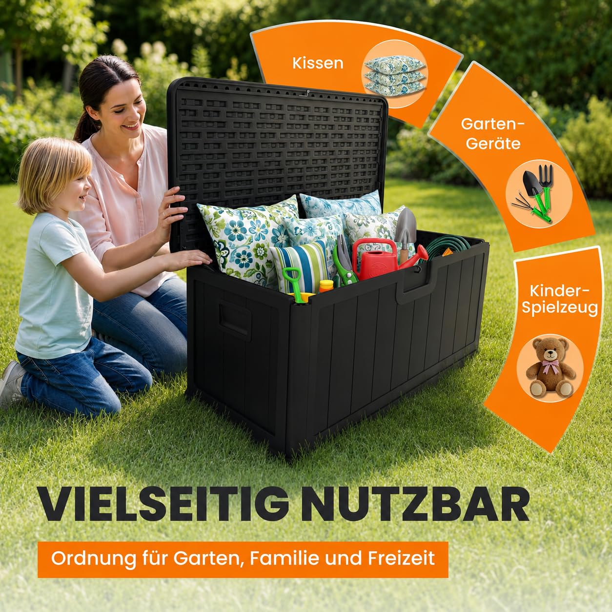 Naturiz® Gartenbox wasserdicht & stabil 375L - Aufbewahrungsbox XXL - Gartenkiste wetterfest - Auflagenbox, Kissenbox, Paketbox, Gartentruhe, Outdoor Box, Garten Box, schwarz (375L)