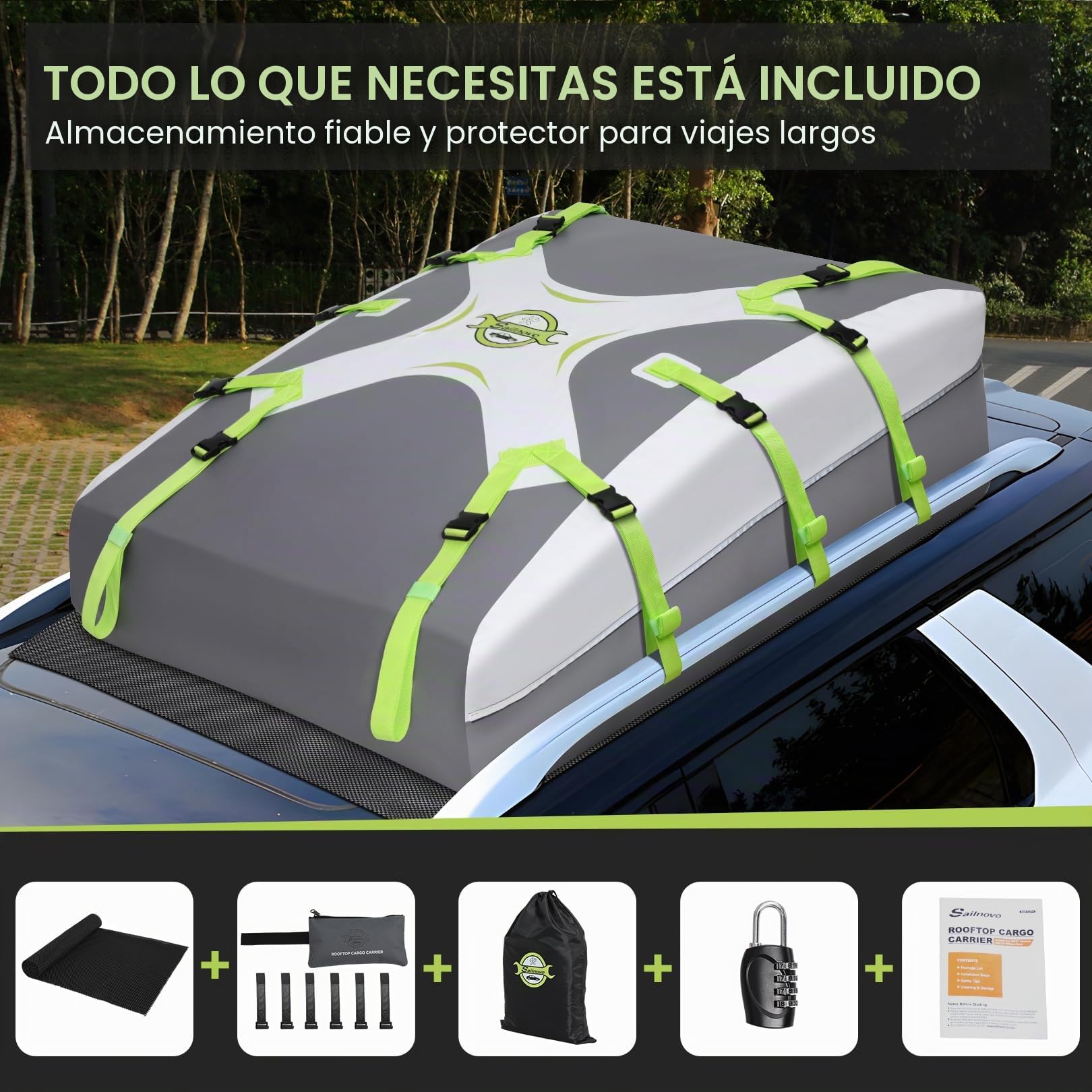 Sailnovo Cofre de Techo 580 L/20 cúbicos, Impermeable Bolsa de Techo, con 6 Ganchos con Alfombrilla Antideslizante Cerrar para Puerta, Apto para Coches sin Portaequipajes(Gris-Verde)