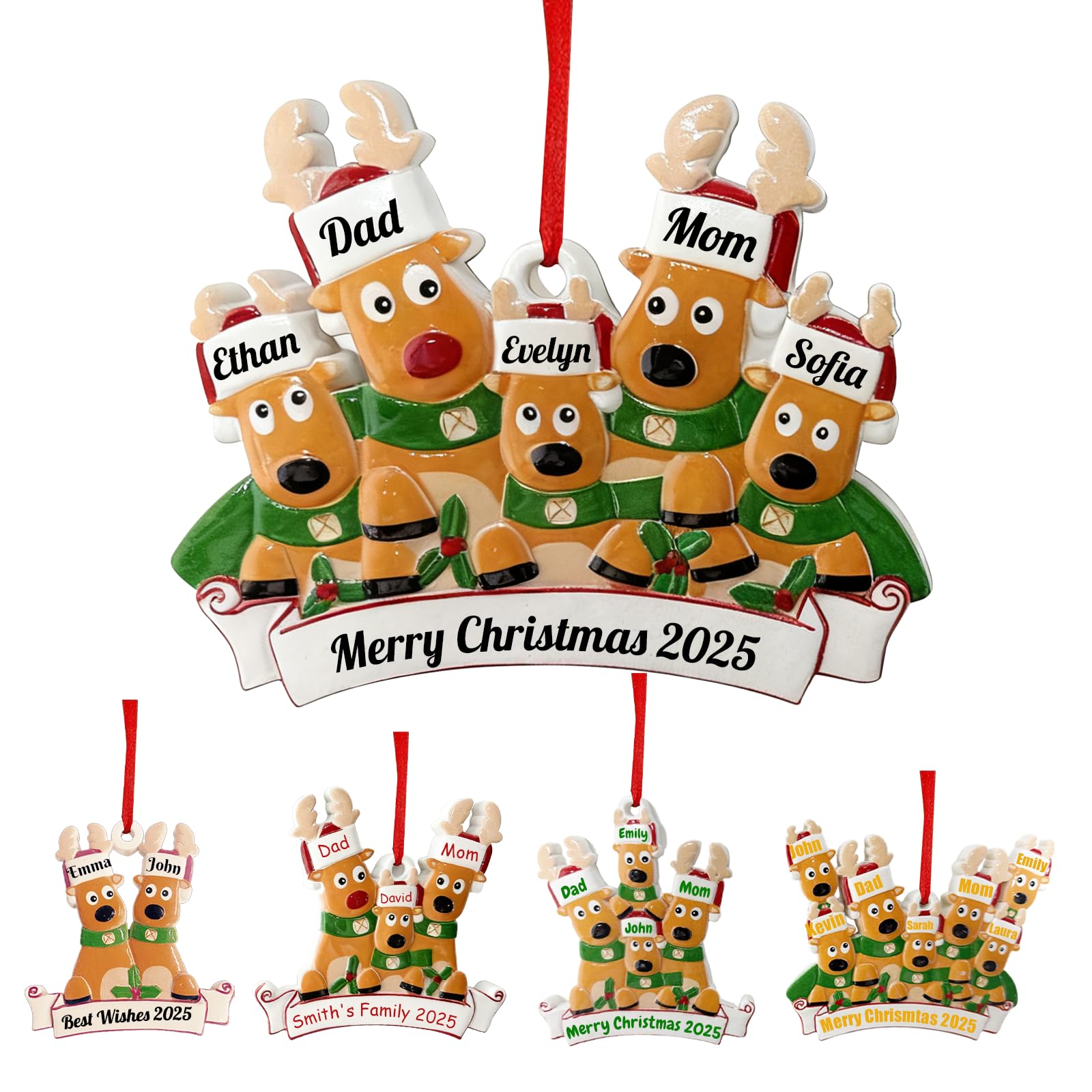 Personalized Deer Christmas Ornaments 2025 Family of 2,3,4,5,7 Custom Name Reindeer Xmas Ornament with Text,Customized Christma Decoration Gifts