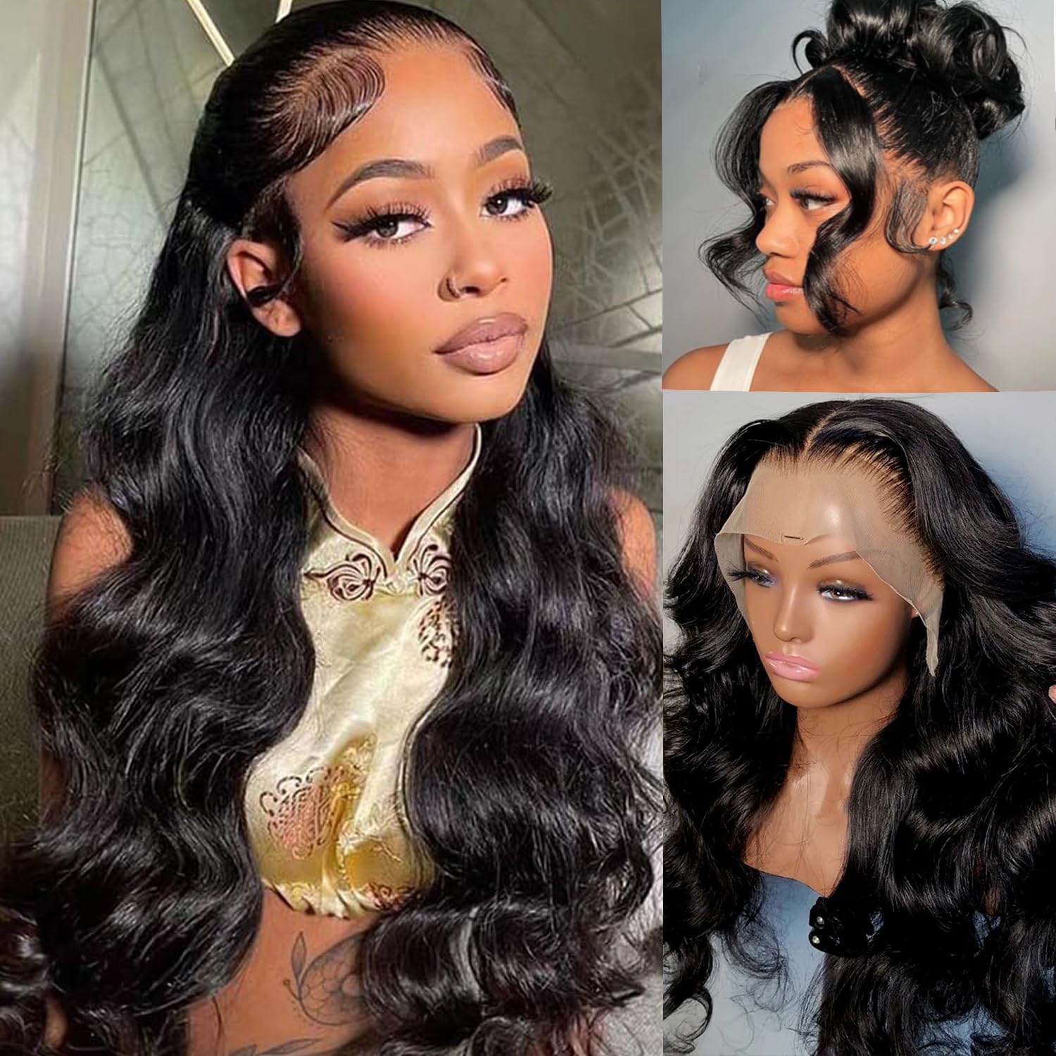 Boay Wave 13x6 HD Lace Front Wigs Natural Curly Human Hair Pre Plucked Body Wave Lace Front Wigs #1B Black 24 Inch for WomenGlueless Transparent