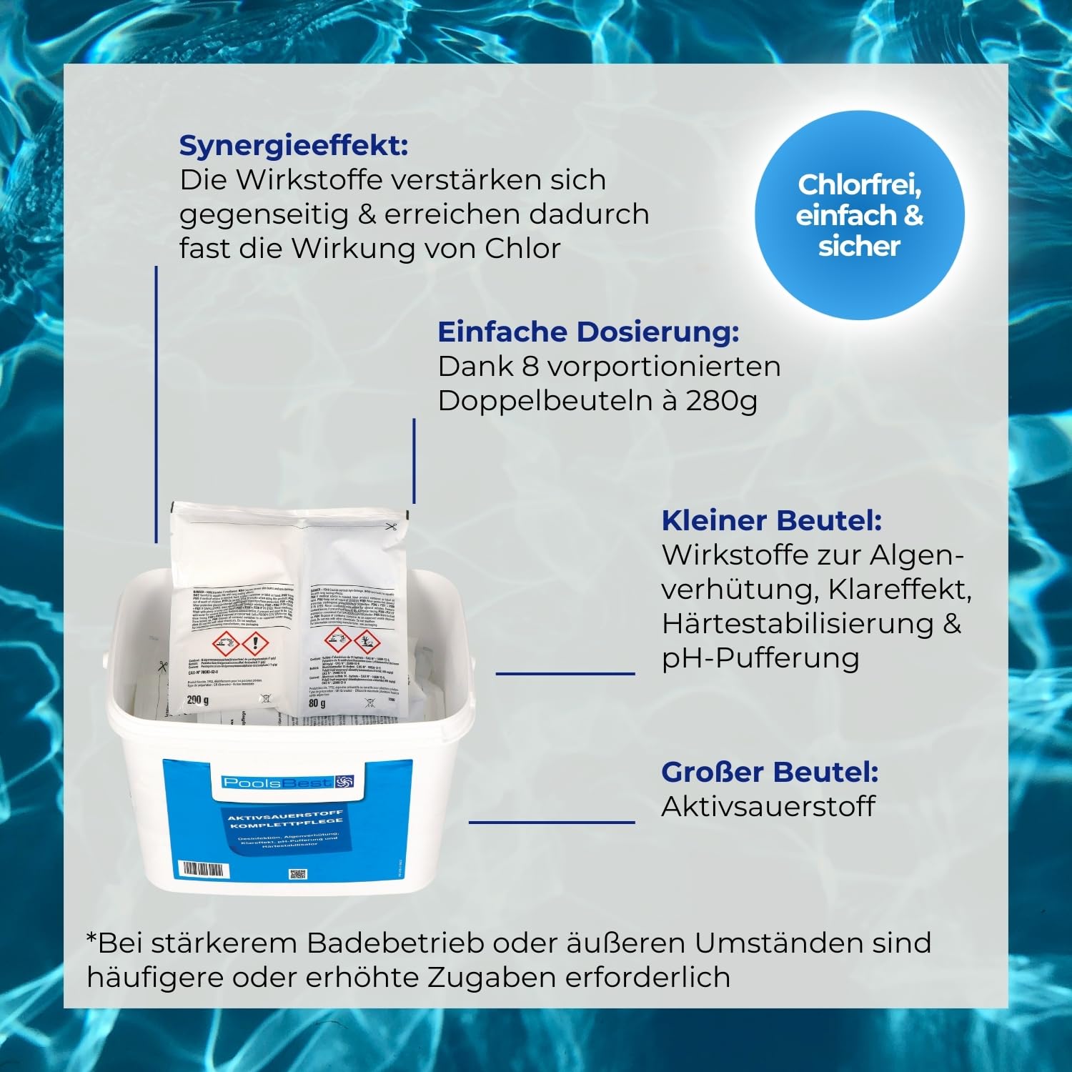 PoolsBest Aktivsauerstoff Pool Komplettpflege 4,48 kg I Aktivsauerstoff Granulat mit Klareffekt I 8 Doppelbeutel mit chlorfreiem Sauerstoffgranulat I Pool Sauerstoff zur Desinfektion & Algenverhütung