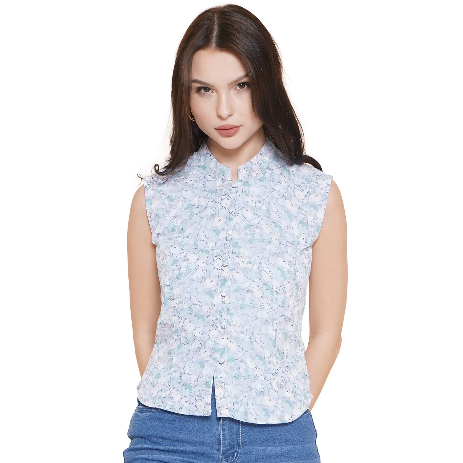 Vestido ModasWomen Aqua Blue Floral Sleeveless Top (VDTOP506)