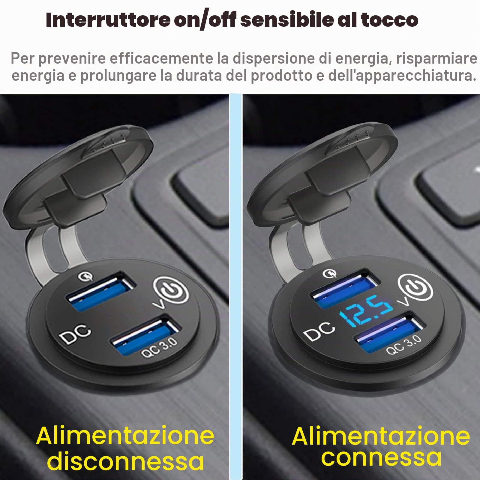 Quick Charge 3.0 Presa USB Carica per Auto con Interruttore: Qidoe Presa USB da 12 volt Impermeabile Adattatore Accendisigari con Display Voltmetro a LED Blu per Moto, Barca, Camion, Caravan