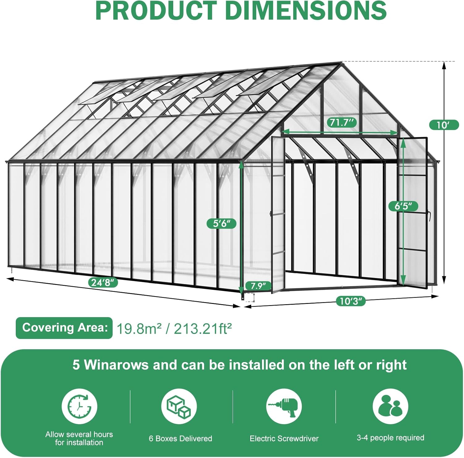 CDCASA 10x24x10 FT Greenhouse for Outdoors, Large Easy Assembly Thicker Aluminum Polycarbonate Greenhouses w/5 Windows, Swing Door Walk-in Green House for Outside,Backyard,Garden
