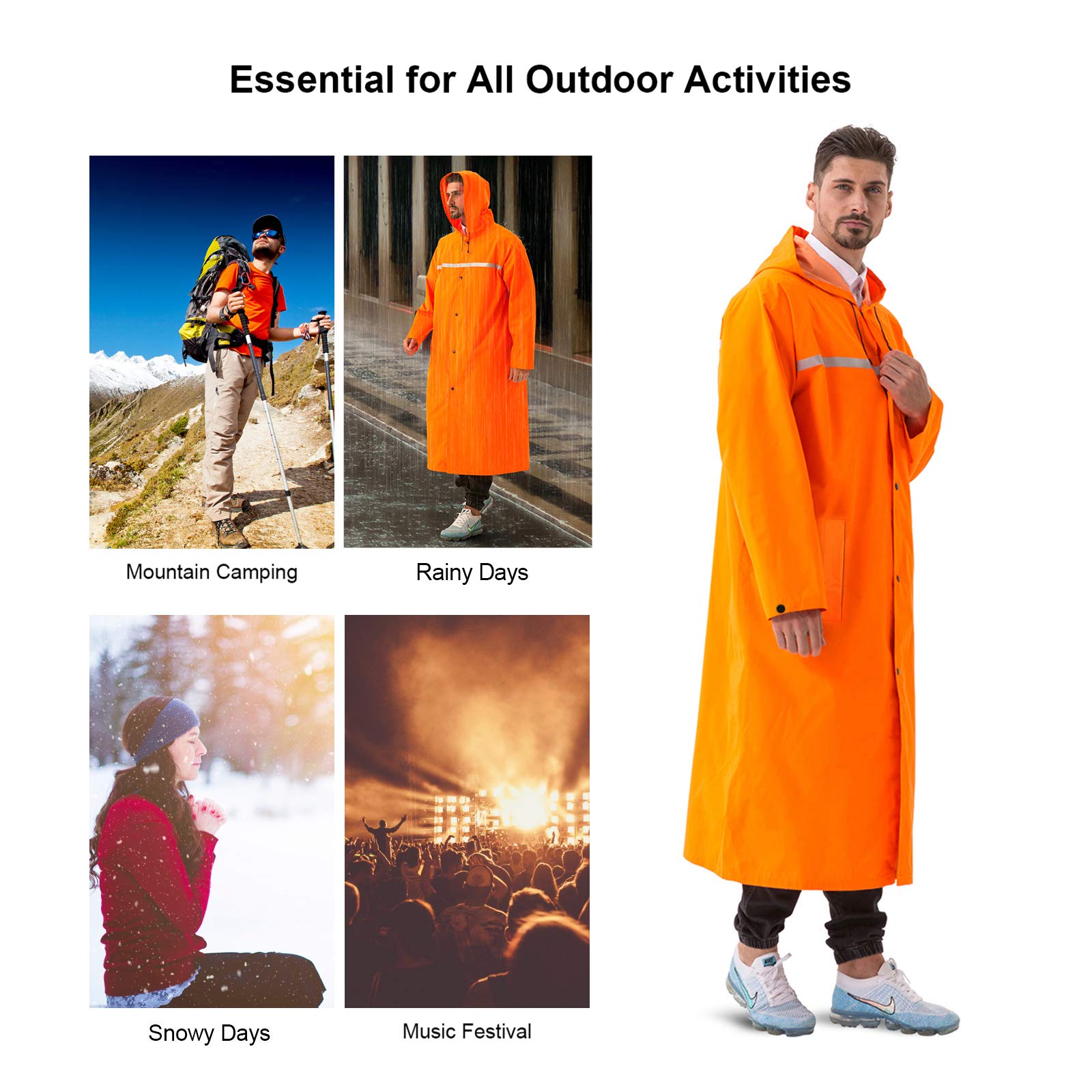 Regenmantel 100% Wasserdicht, der Extra Lange Regenschutz mit Taschen/Reflexstreifen/Kordelzughauben/Reißverschluss/Knopf, 3 Farben, 3 Größen