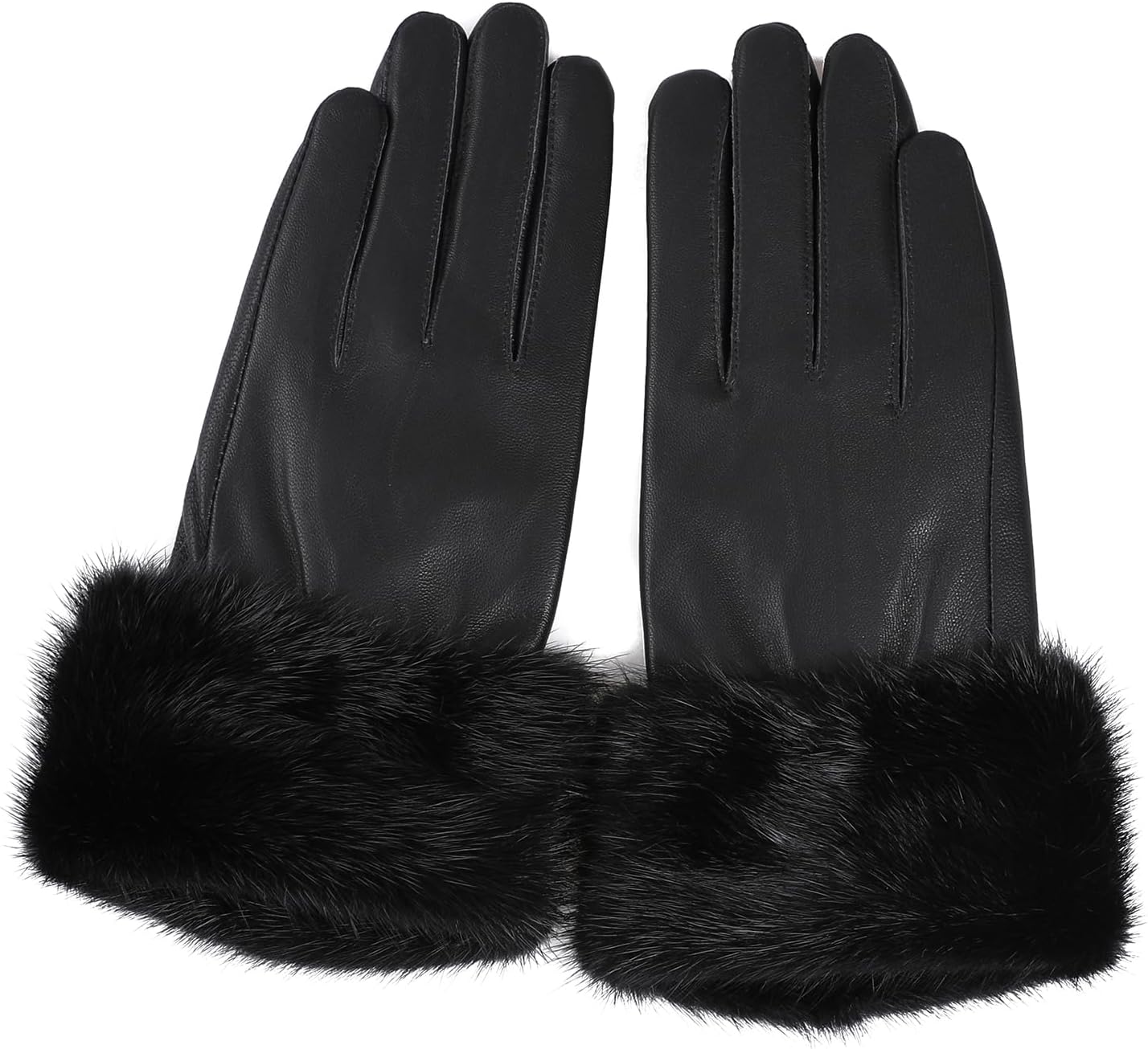 Women's Lambskin Leather Gloves with Real Mink Fur Cuff, Warm Winter Driving Gloves Lady