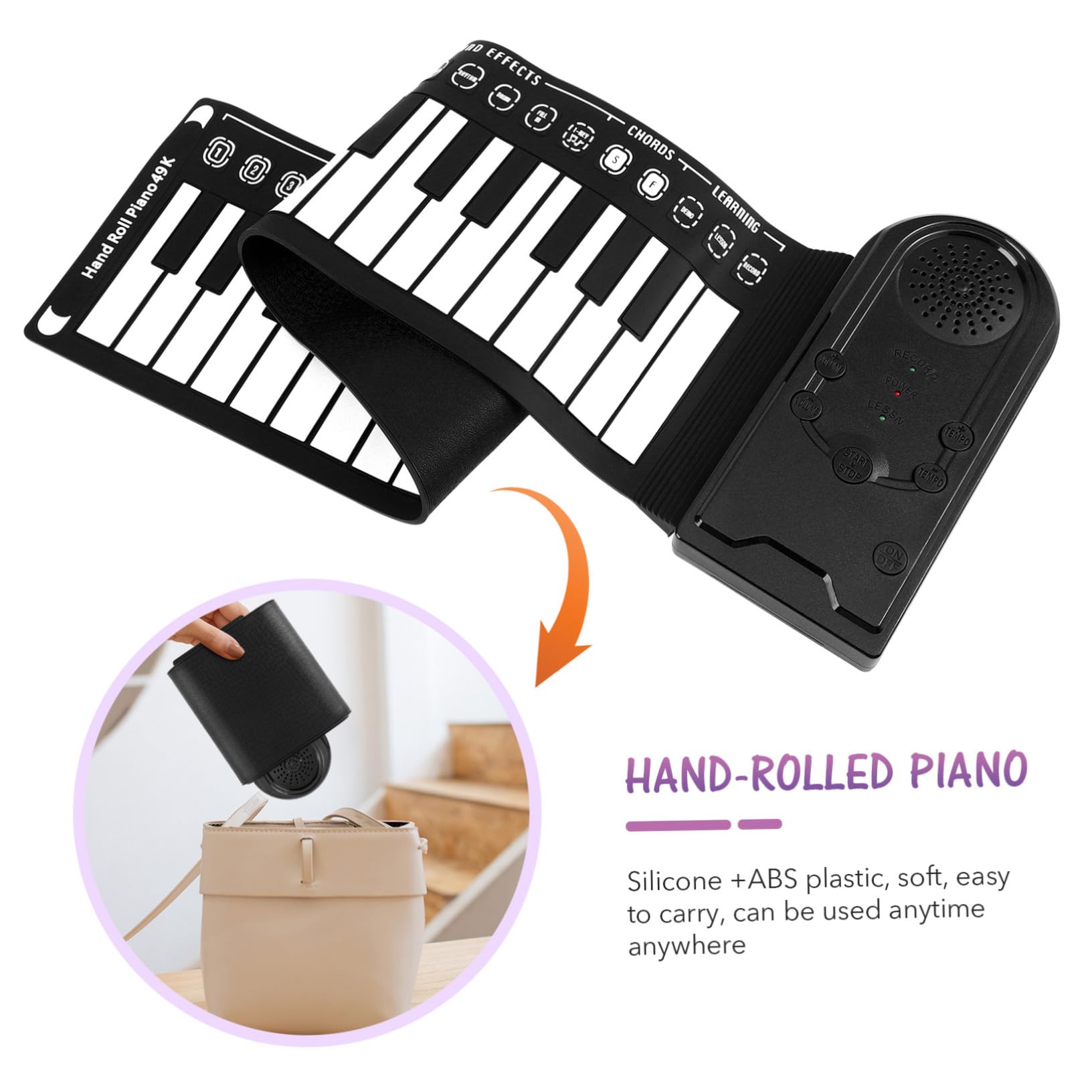 Pianoforte Digitale Portatile Pieghevole 49 Tasti Nero | Tastiera in Silicone Arrotolabile, Altoparlante Integrato, Cavo USB Dc 6v e Alimentazione 3 Pile Aa