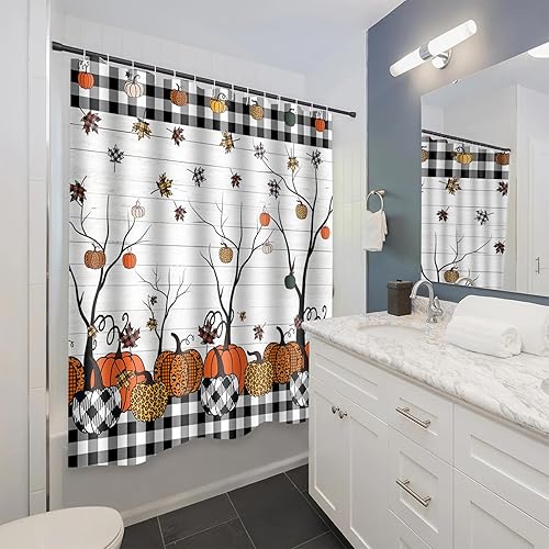 Miniatura 3 de Cortina de ducha de calabaza otoñal para baño, con tablones rústicos de árbol de arce, hojas de otoño, cortina de baño decorativa de 72 x 72