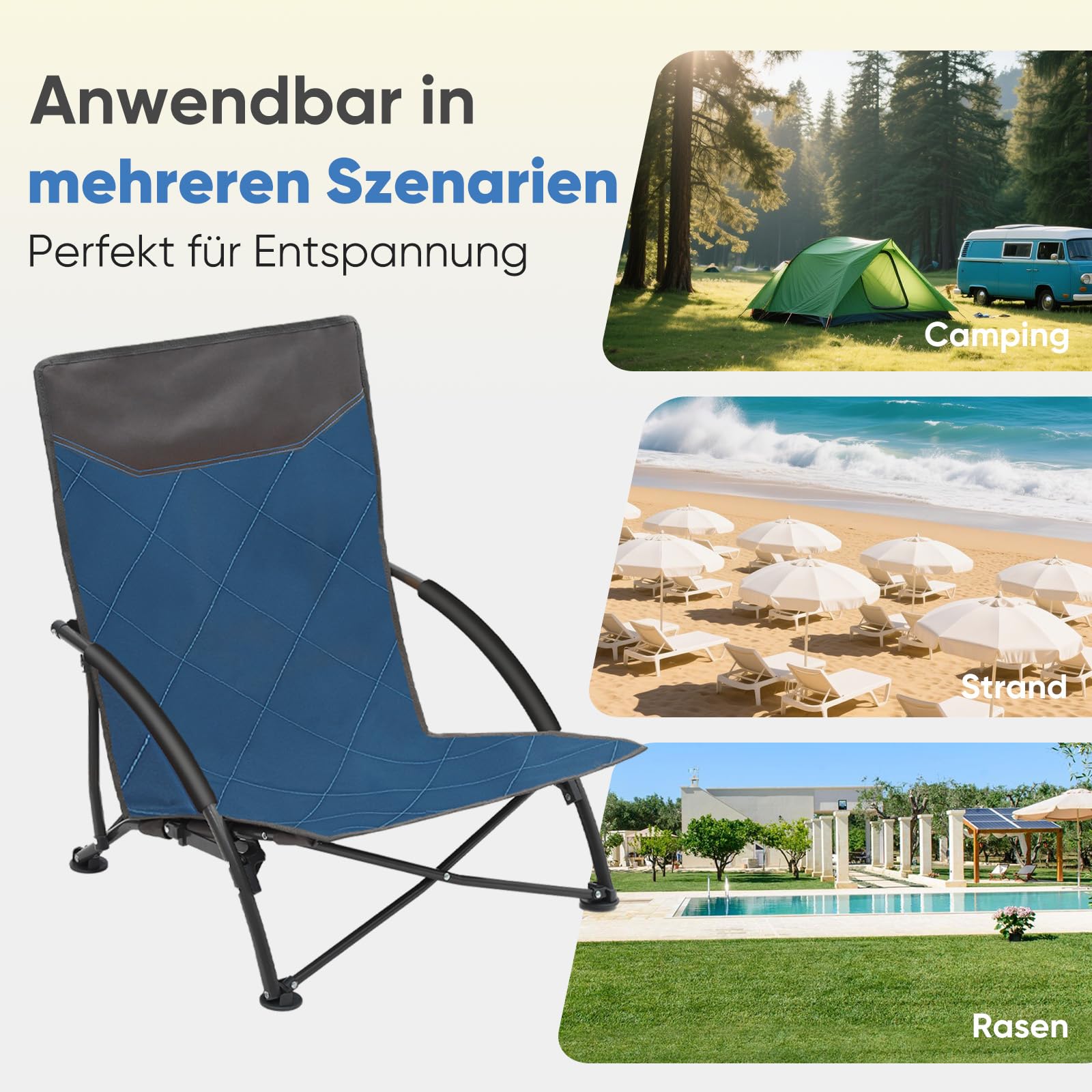Sekey Klappbarer Strandstuhl Extrem Leicht & Tragbar – Nur 2,85 kg pro Stück, mit Armlehnen für Outdoor Strand Angeln Garten mit niedrigen Beinen Blau