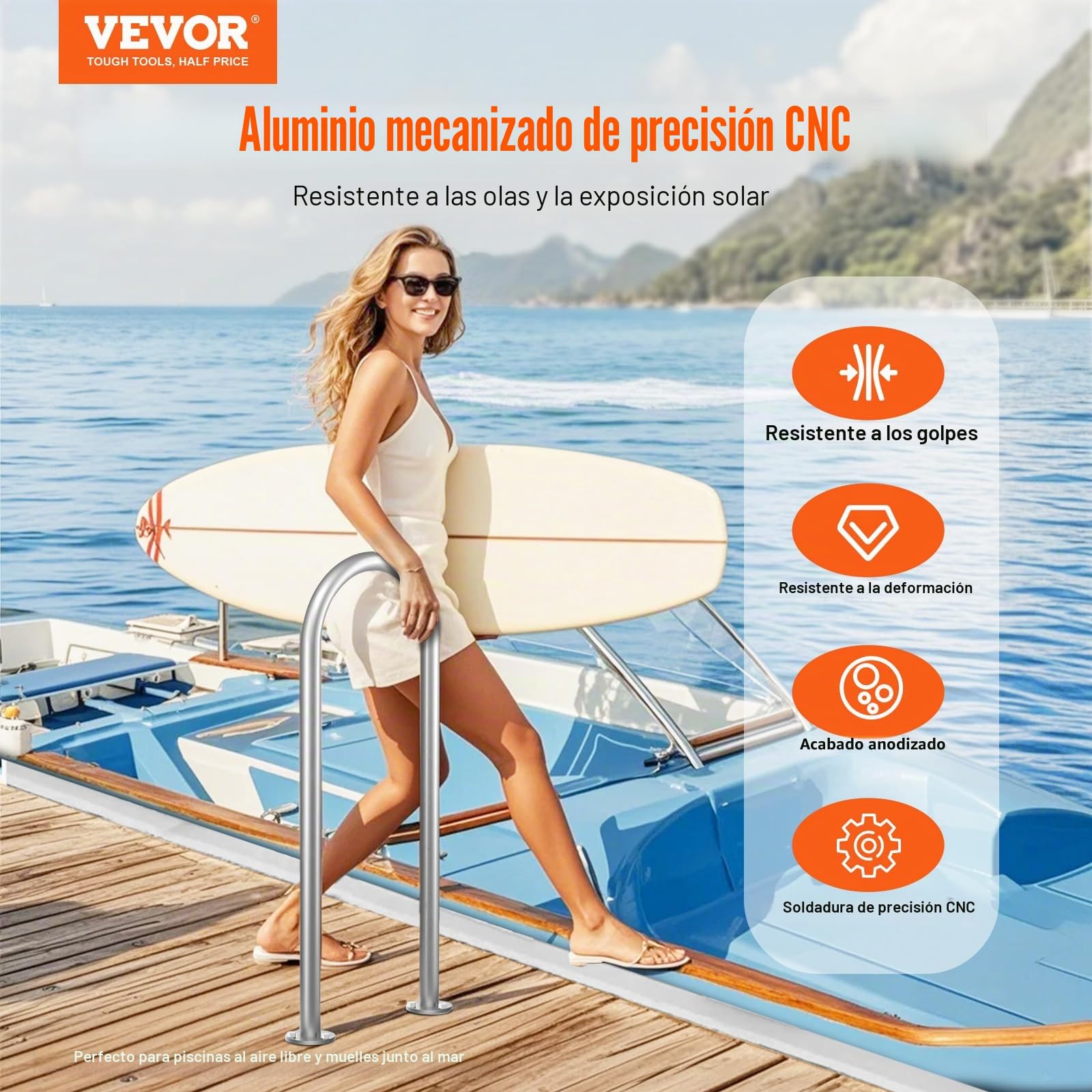 VEVOR Pasamanos para Piscina de Aluminio con Placa Base para Piscinas Interiores y Exteriores, Pasamanos de Seguridad Humanizados para Piscinas, Barra de Apoyo a Prueba de Óxido, 400 x 90 x 915 mm