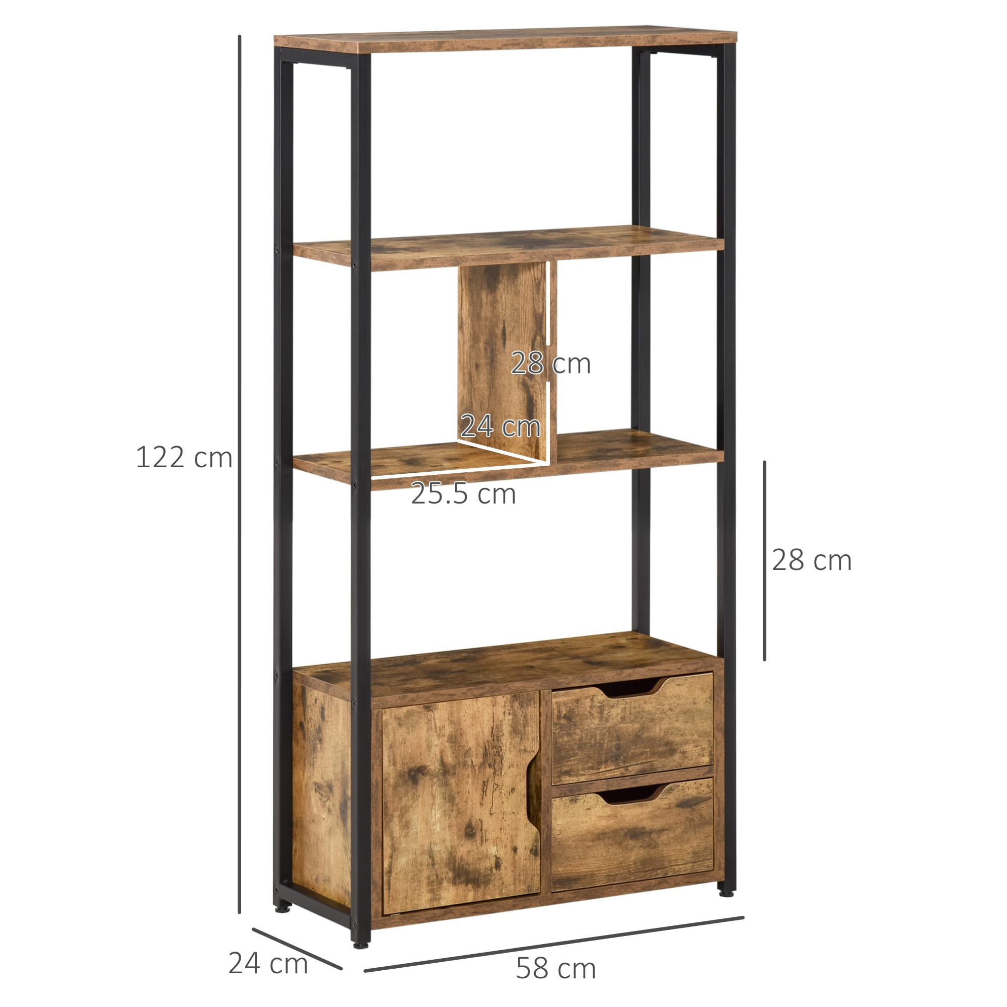 HOMCOM Mobile Libreria Stile Industriale, 58x24x122cm, Nero Legno