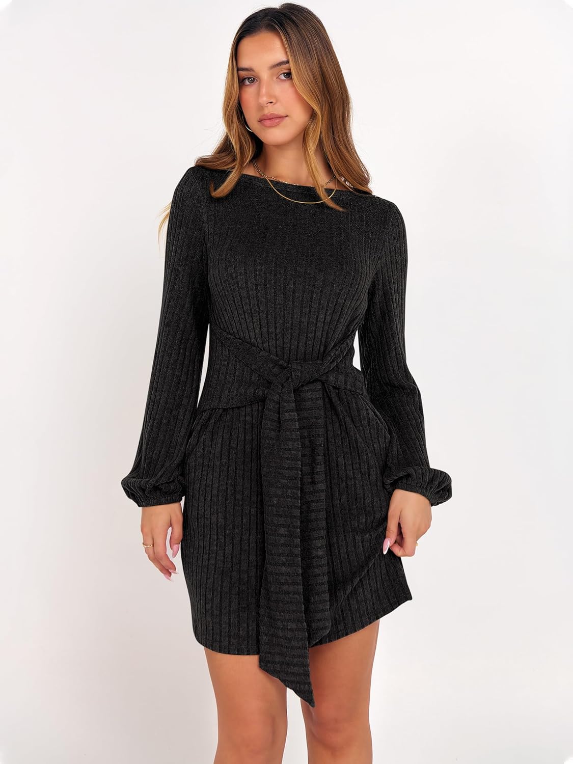 ANRABESS Womens 2026 Fall Dress Long Lantern Sleeve Ribbed Knit Casual Tie Waist Lightweight Mini Sweater Dress - Image 4