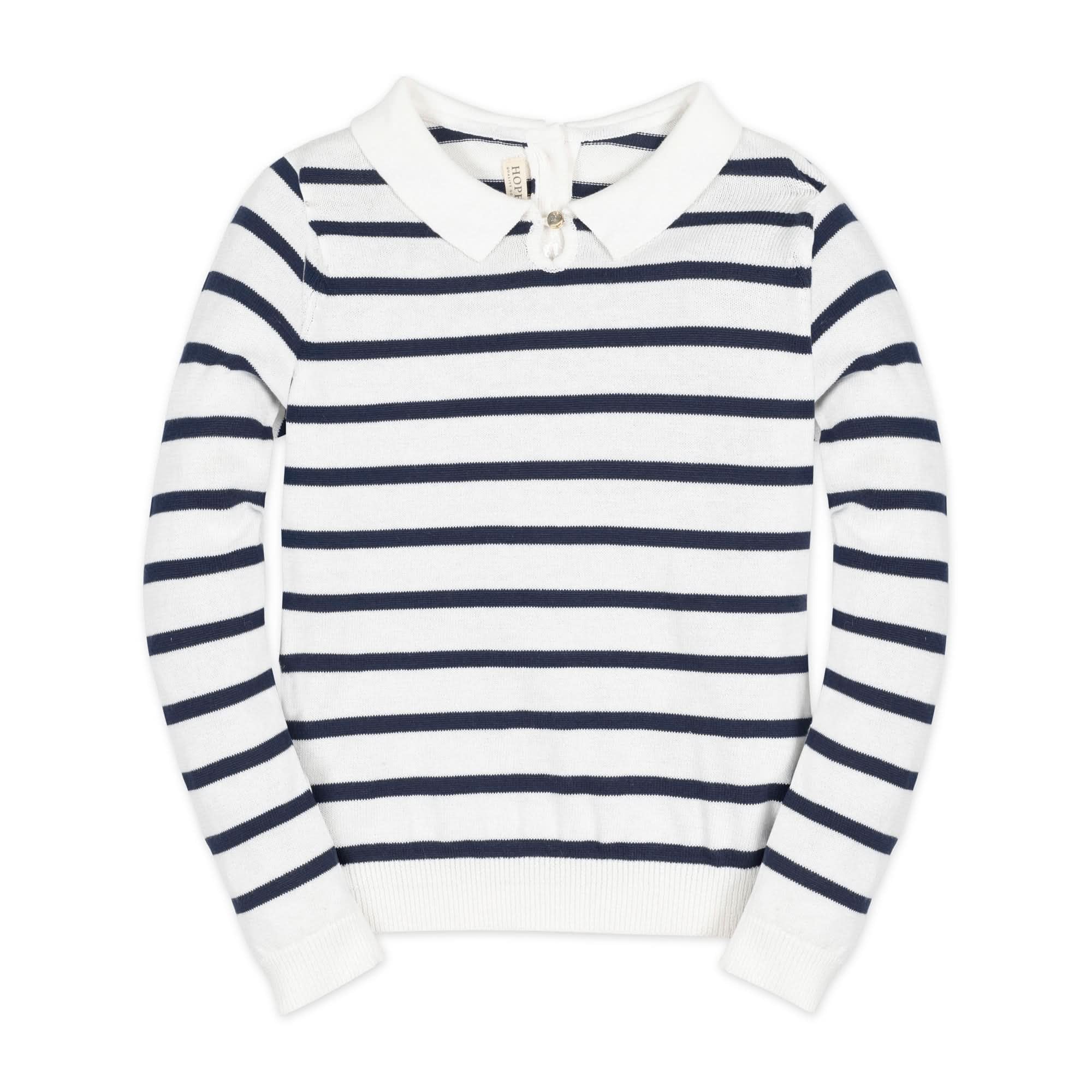 Hope & Henry Baby Girls' Organic French Collared Keyhole Long Sleeve Sweater, 18-24 Months, Navy Breton Stripe with Collar