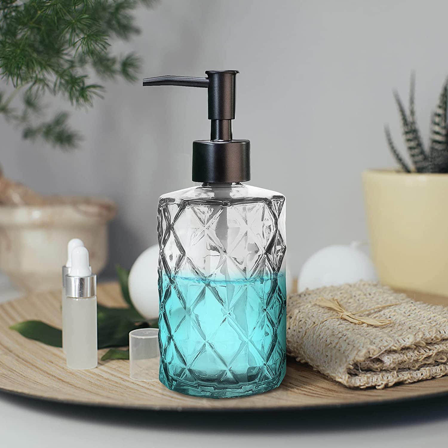 2-częściowy zestaw dozowników mydła ze szkła, 330 ml, do wielokrotnego napełniania, do łazienki, kuchni, balsamu, mydła, olejków eterycznych, płynu do mycia naczyń (czarny i przezroczysty)