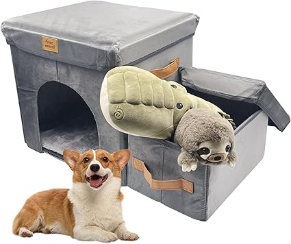 2-Step Dog Stairs,14″ H Portable Puppy Steps with Storage Folding Doggie Steps with Condo for High beds or Couch Adjustable Steps for Small Medium Puppies Cat Ramp Ladder Dog Window Perch