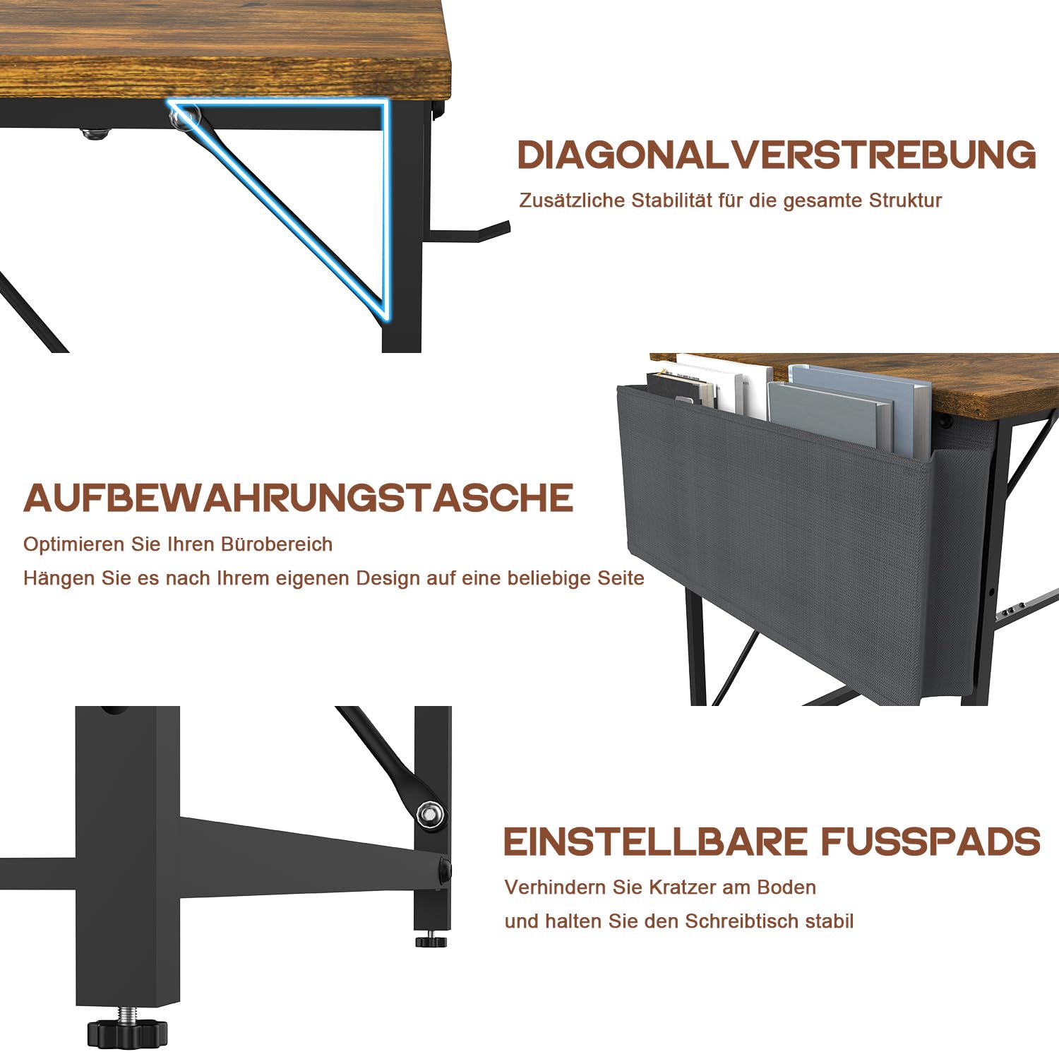 Devoko Scrivania per Computer, Scrivania PC da Ufficio, Scrivania salvaspazio per Studio, Scrivania da Lavoro con Borsa Portaoggetti e Gancio para, Struttura in Metallo 140 x 50 x 75, Marrone Vintage
