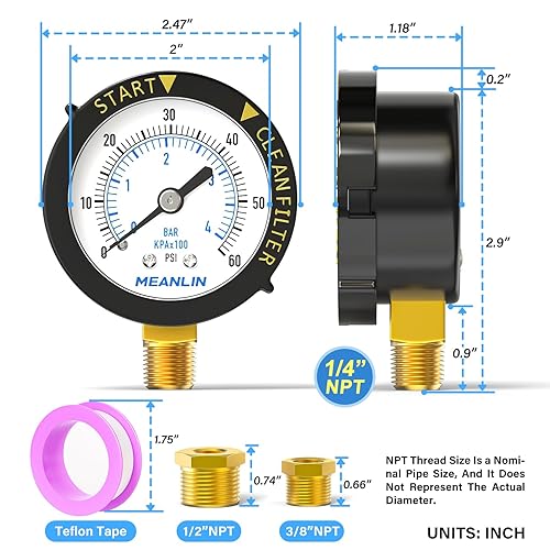 Vista 48 de MEANLIN MEASURE Marco de plástico de 0 ~ 60 psi, medidor de presión de arranque NPT y filtro limpio, adecuado para piscina, spa, acuario, montaje