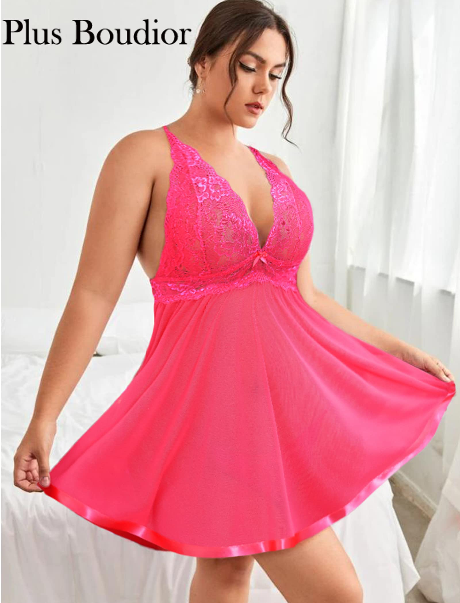 GXNRHG Femmes Grande Taille Nuisette Lingerie Dentelle Chemise vêtements de Nuit en Maille