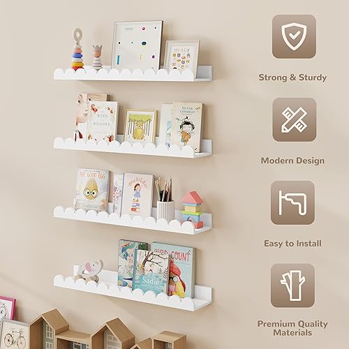 Miniatura 4 de Fun Memories Estantería blanca de 24 pulgadas, repisa festoneada para pared, juego de 4, estantes flotantes para habitación de niños pequeños,