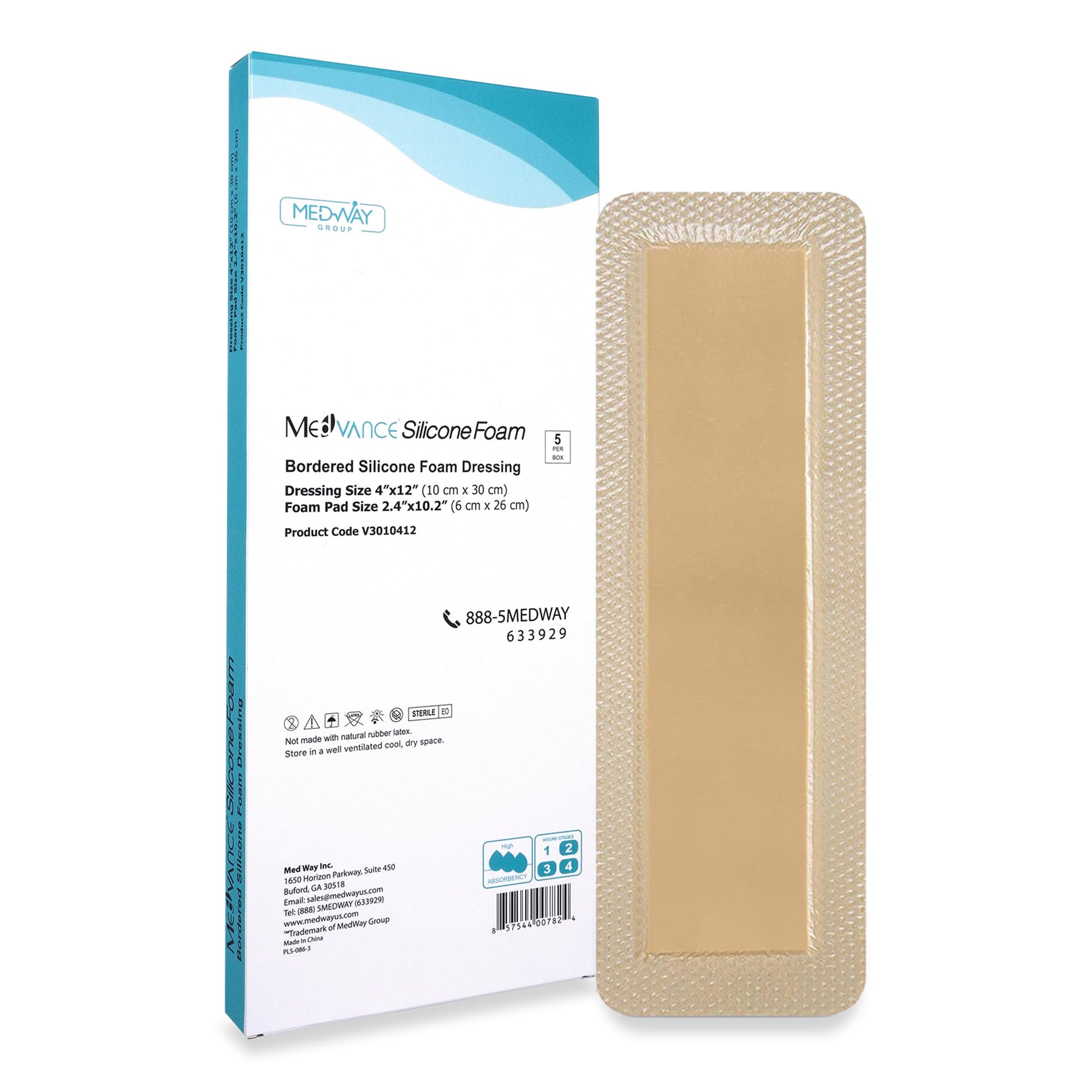 MedVanceTM Silicone - Bordered Silicone Adhesive Foam Dressing Size 10 cm x 30 cm (6 cm x 26 cm pad) Box of 5 dressings
