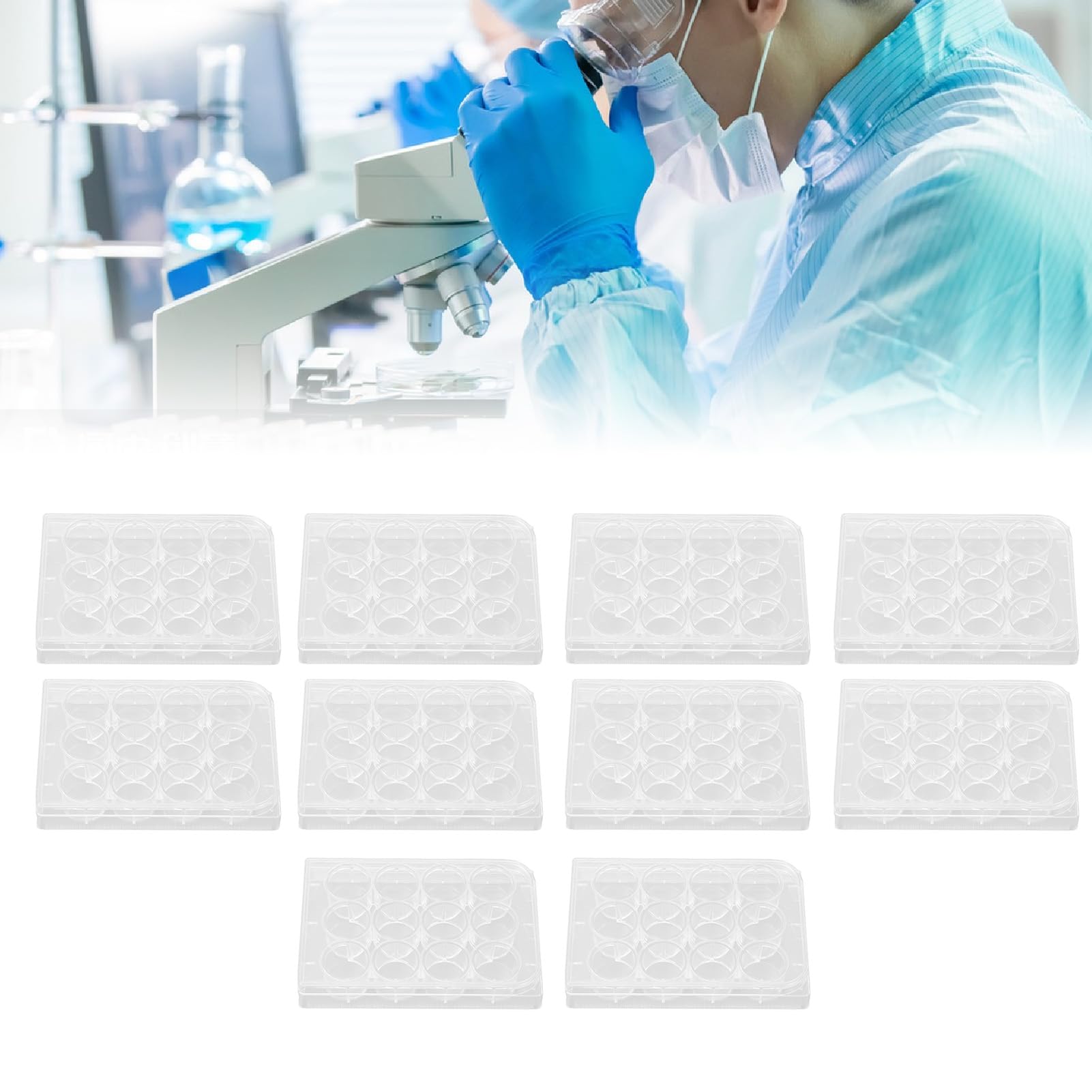 Fdit Uniform Thick Cell Culture Tissue Plate, 10pcs Transparent Plate with Lid for Laboratory, Biology, Chemistry Experiment (12 Well)