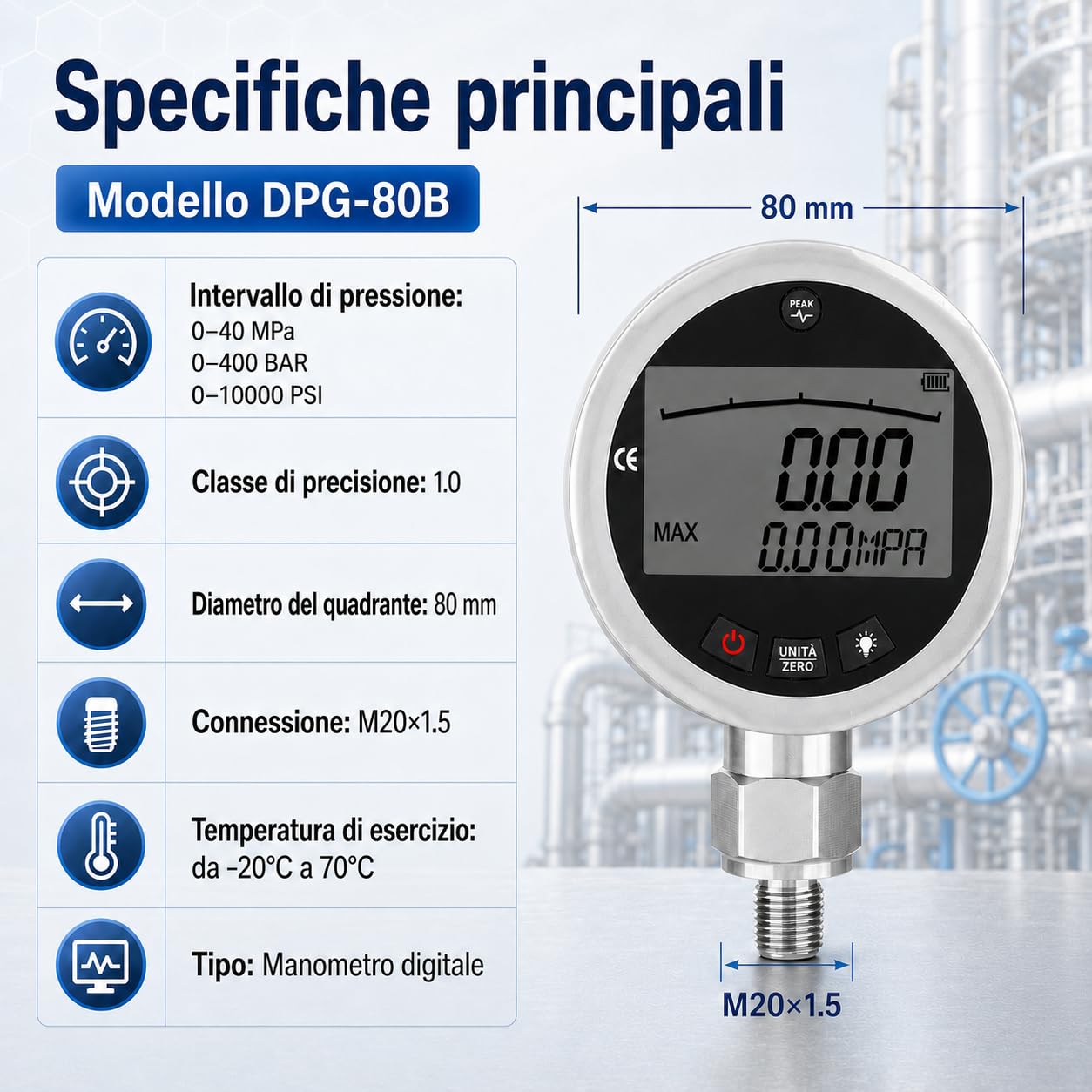Manometro 0-400 bar, 0-40 Mpa 0-5800 psi Mini Digitale con connettore G1/4 per Aria, Acqua, Olio