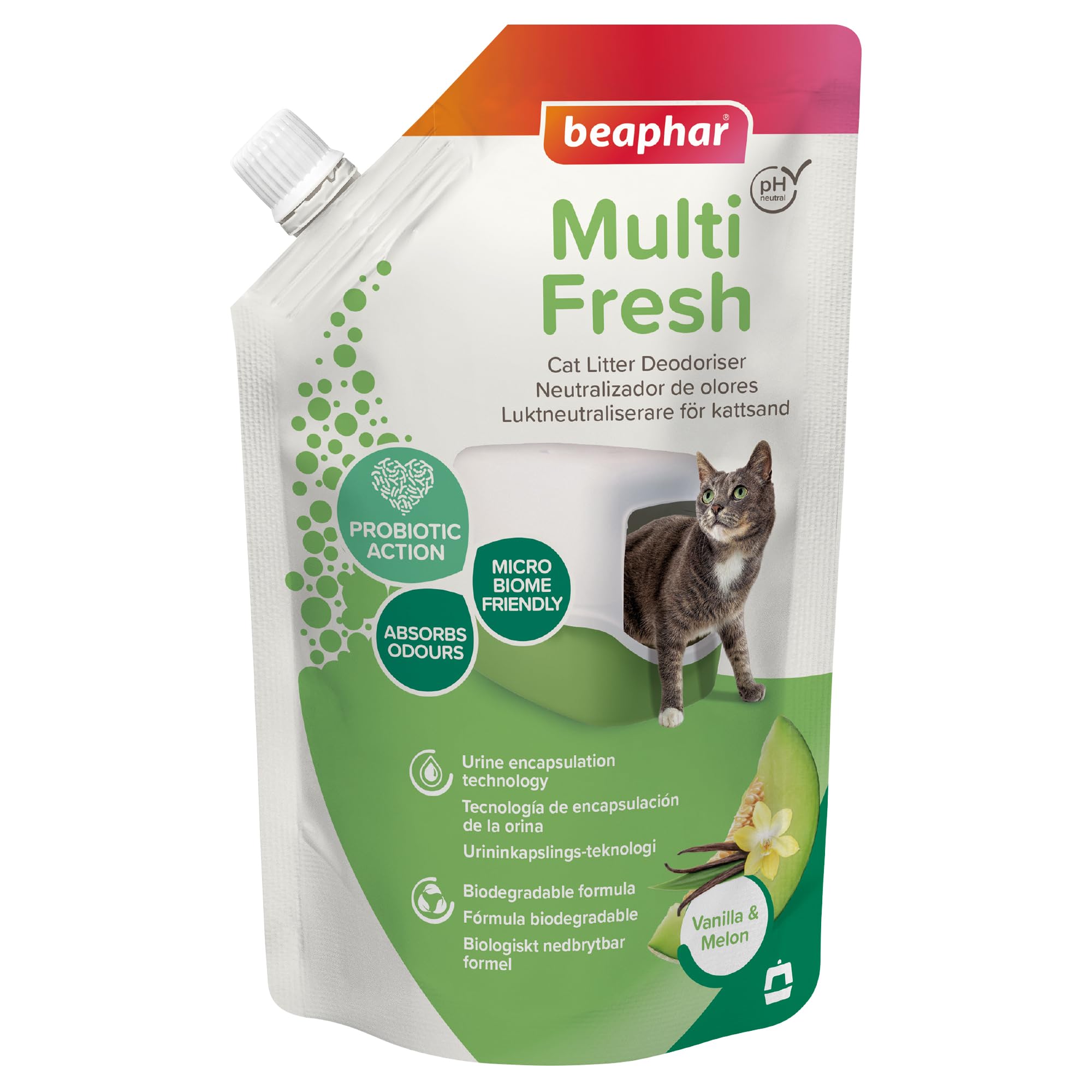 Beaphar -Multi Fresh Cat Litter Deodoriser Vanilla & Melon 400gUrine Encapsulation Technology–Cat Litter Freshener-Prebiotics Absorb & Reduce Unpleasant Odours Doubles Cat Litter Life-Biodegradable